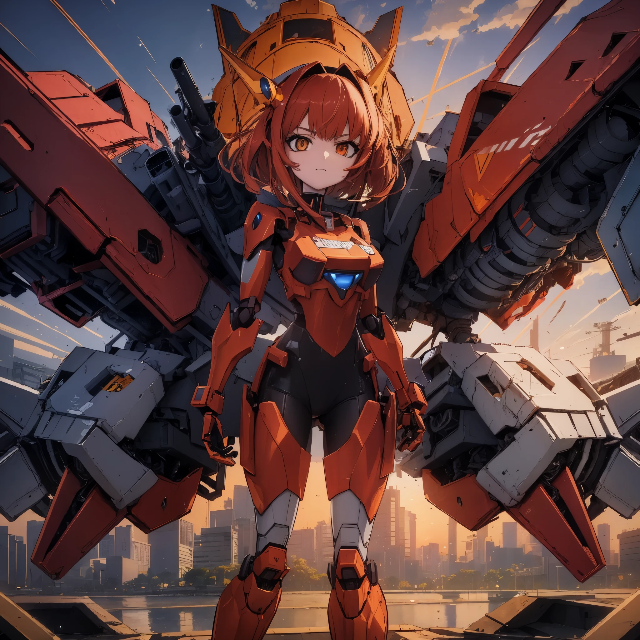 personagem de anime com uma arma enorme na frente de uma cidade, mecha de anime, modern mecha de anime, girl with mecha cybernetic armor, anime mecha aesthetic, a large anime mecha robot, aesthetic lock, mecha feminino, anime manga robot!! anime, estilo mecha legal, mecha de anime gigante, cyberpunk anime mech