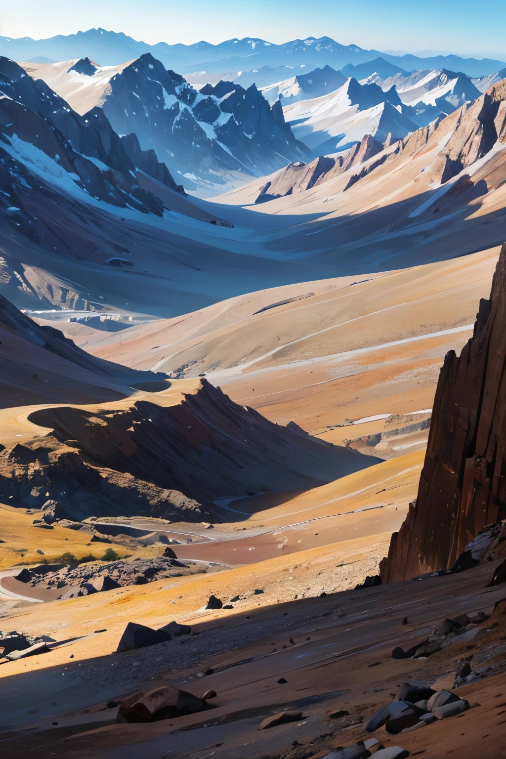mountain range with extremely steep peaks and many deep ravines and the lower range is covered in wasteland