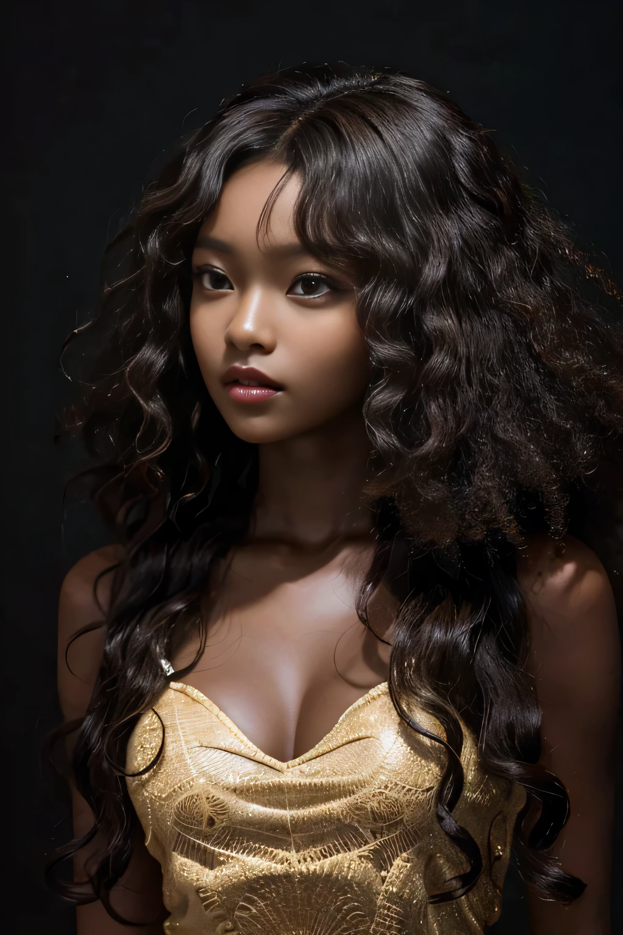 masterpiece, best quality, beautiful African and Asian mixed 19 year old, ebony skin female, long, frizzy, curly dark hair, perfect face, half body, long hair