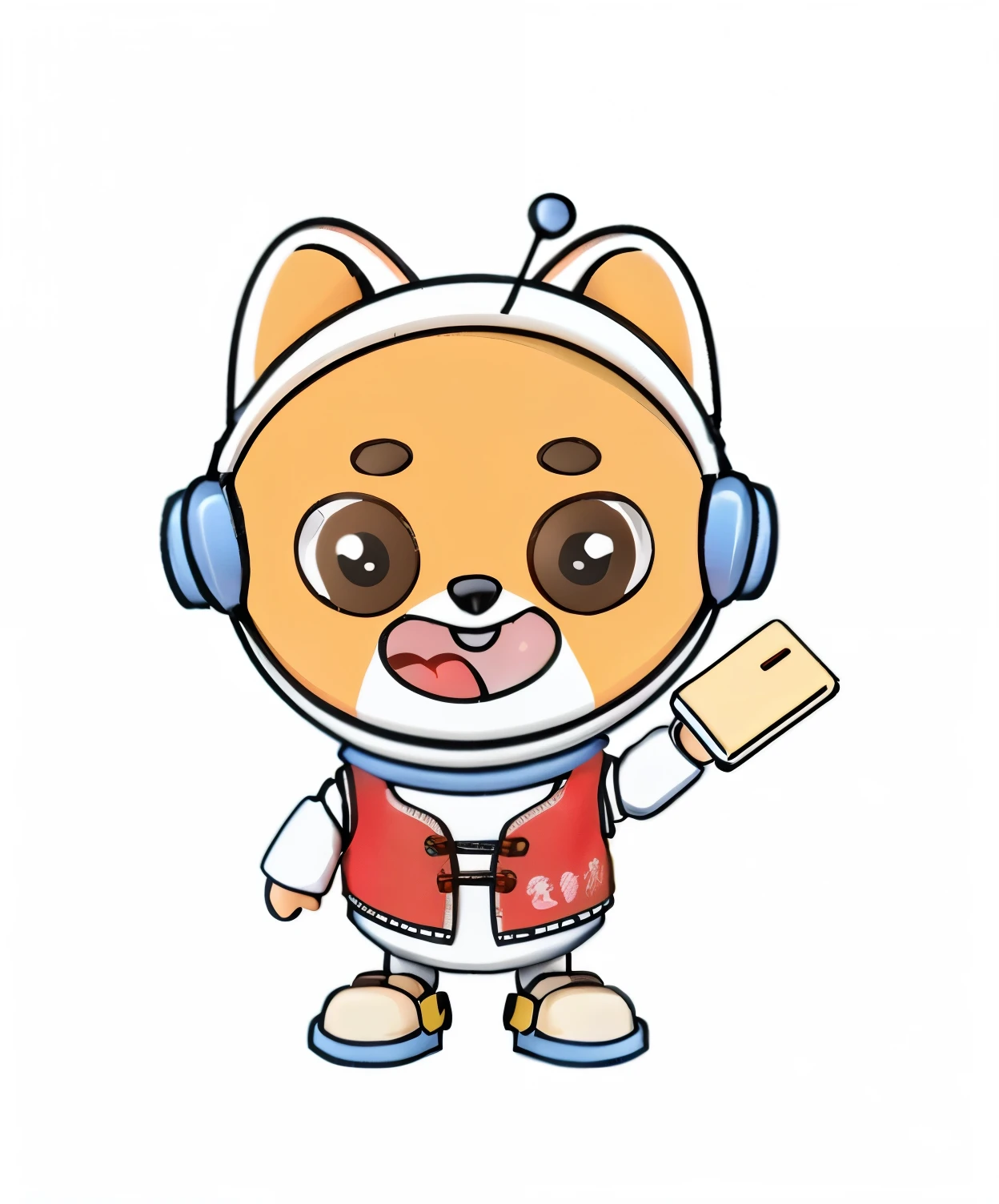 Blind box toy style，A lovely IP image，wearing white clothes，There is a red vest outside the white clothes，Wearing a small white helmet，Holding a small book in the hand