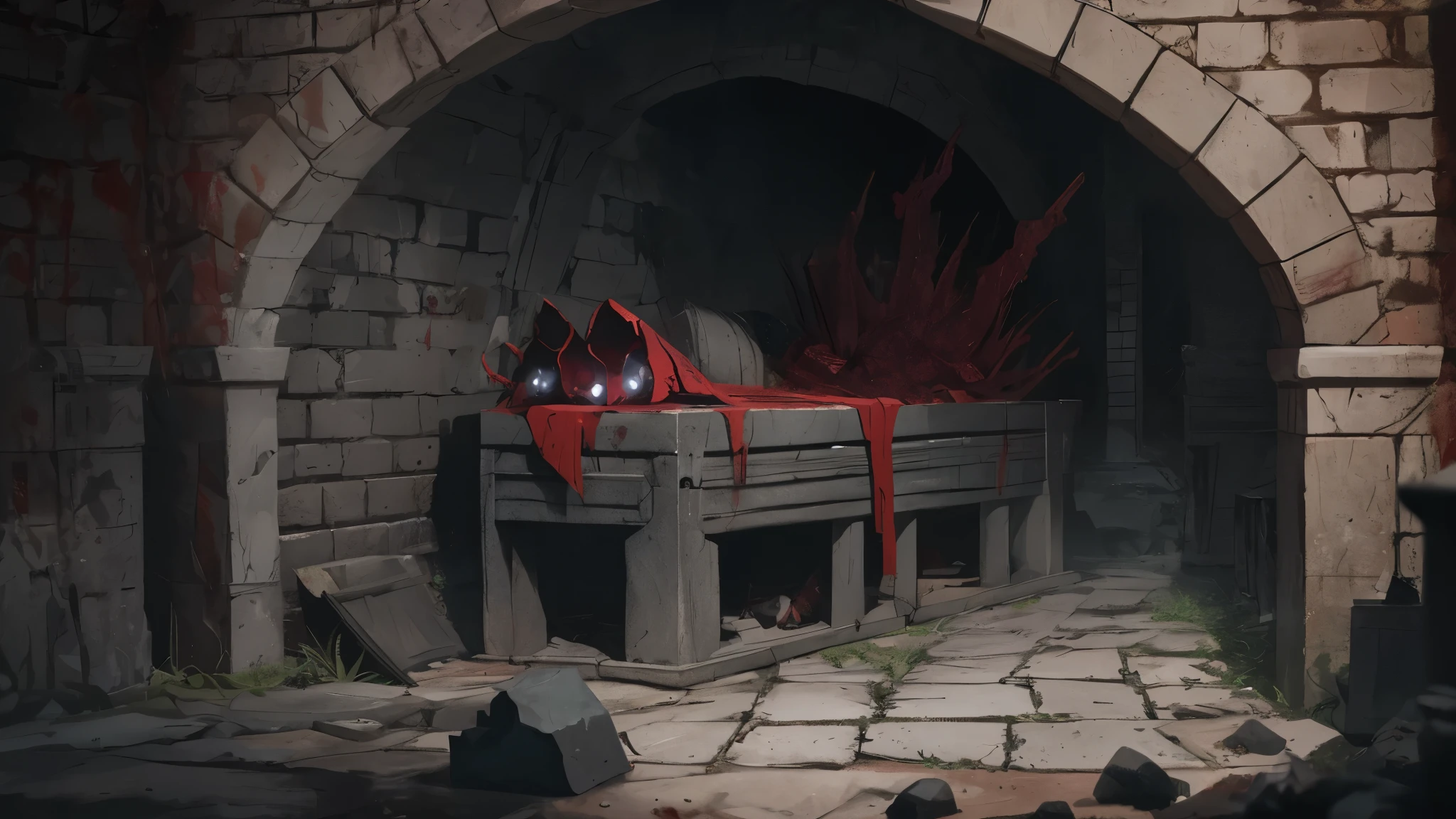 Horrible scary crypt, some torches, Stone walls, old red mat on palu, coffins in the corners, дарк fantasy, narrow walls, corridor, 16K quality, super cool quality, dnd, fantasy, Middle Ages, blood, killed the headless horror, a lot of blood, blood повсюду