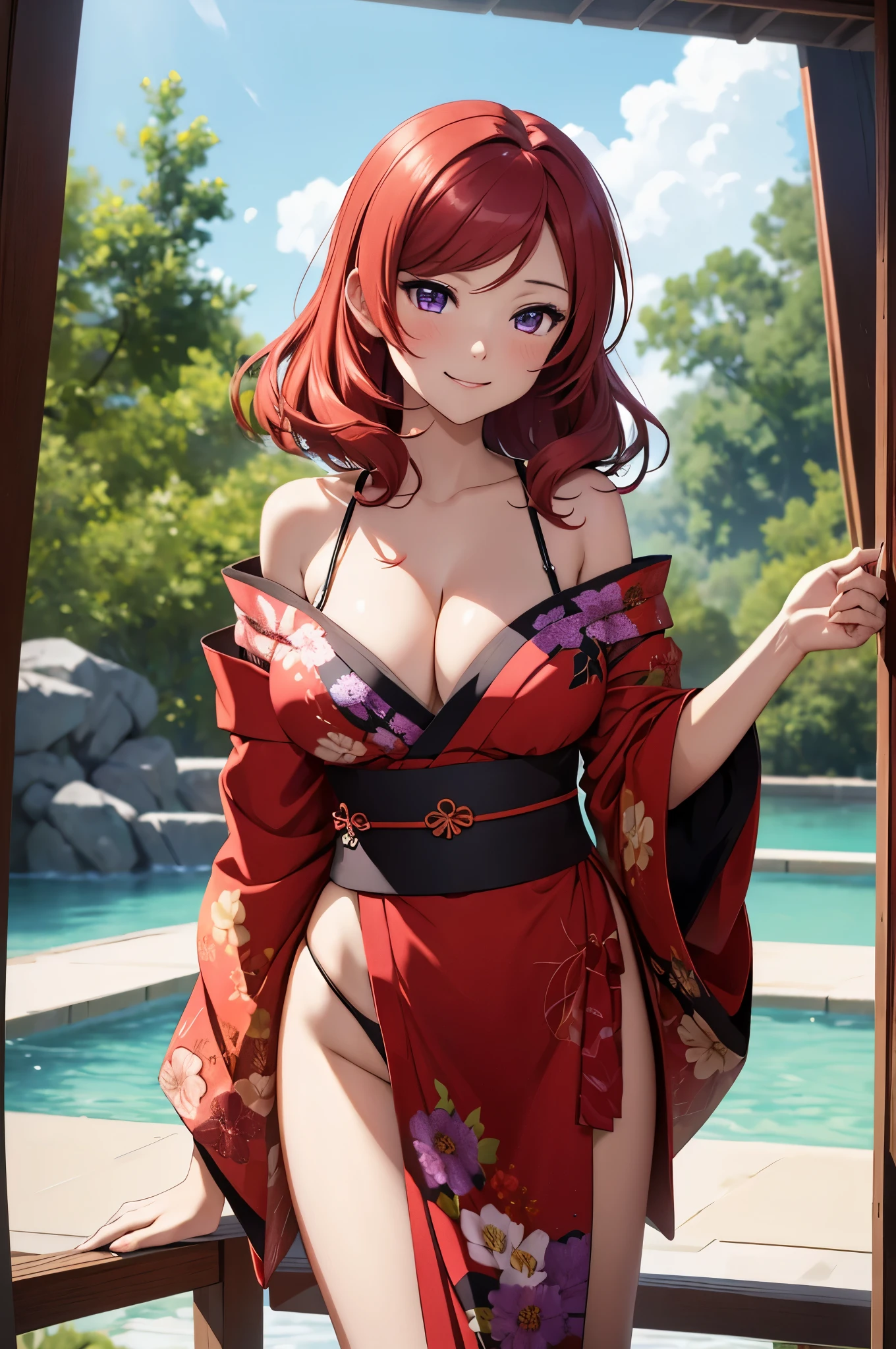 (Masterpiece, Best Quality, High Quality),Nishikino maki, Red hair, purple eyes, illustration, beautiful, a bow,upper body, (kimono top), Obi, leotard,big breasts, cleavage, floral print, looking at viewer,seductive smile, blushing, outdoors