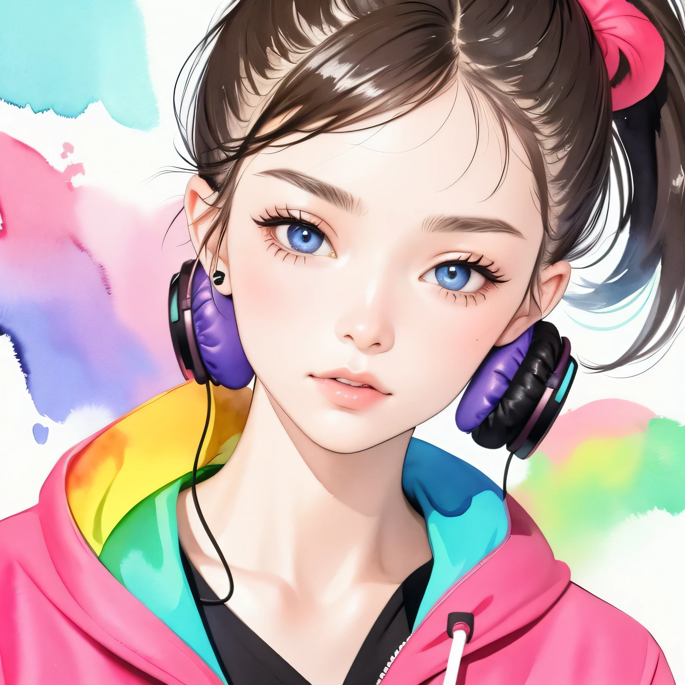 close up of face、colorful、headphones、watercolor、ponytail、I&#39;m 