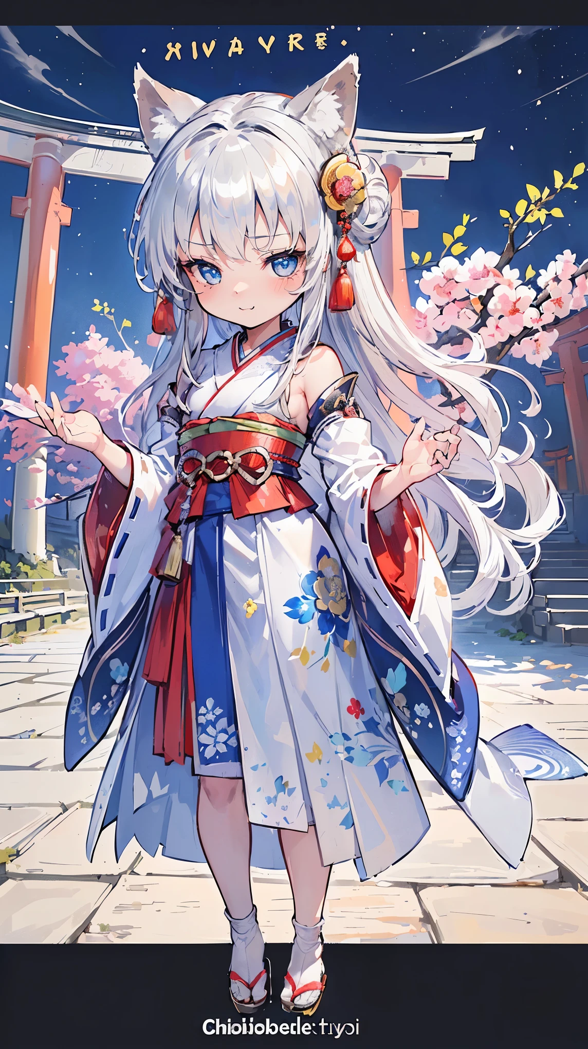 (((Masterpiece))), (((Highest quality))), ((Ultra-detailed)), ((Super fine illustration)), ((Ultra-fine painting)), (16K highest quality wallpaper:1.4), (Chibi:2.0), (Full body:1.4), HDR, (Highly detailed and delicate illustration style:1.8), Detailed skin texture, Detailed cloth texture, Extreme detailed description, (T-masterpiece), (Highly detailed face:1.2), (Highly detailed silver fox ears:1.2), (Highly detailed shiny silver half updo:1.2), (Highly detailed clear eyes:1.2), Original, RAW photo, Professional, Intricate details, Super details, Direct light:1.6, (Perfect anatomy:1.4), (Highly detailed hands:1.2), (Highly detailed fingers:1.2), (Highly detailed fingertips:1.2), (22-years-old), Real, (Solo:1.8), ((A very beautiful and attractive silver fox fashion model with blue eyes wearing a bright red furisode with a floral pattern:1.4)) BRAKE (Beautiful and adorable silver fox ears:1.8), (Highly detailed and delicate silver fox ears:1.4), (Beautiful and shiny silver half updo:1.4), (Highly detailed and delicate silver half updo:1.2), (Beautiful clear blue eyes that shine with great detail:1.6), (Highly detailed and delicate blue eyes:1.2), (Highly detailed face:1.4), (Smile:1.3), (Blush:1.4), (Looking at viewer:1.4), (Celebration:1.4) BRAKE ((Bright red:1.2) long-sleeved kimono with floral pattern:1.4), (Japanese traditional costume:1.4) BRAKE (Concept art:1.2), (Detailed fantasy art:1.2) BRAKE (Just after noon:1.4), (Very detailed and beautiful Ise Grand Shrine in Mie Prefecture just after noon in the background:1.6), (Standing in front of the torii gate:1.4), (Celebration:1.4), Ise Grand Shrine:1.4, Torii gate of Ise Shrine:1.4, Very beautiful in the sunny sky background just after noon:1.4 BRAKE