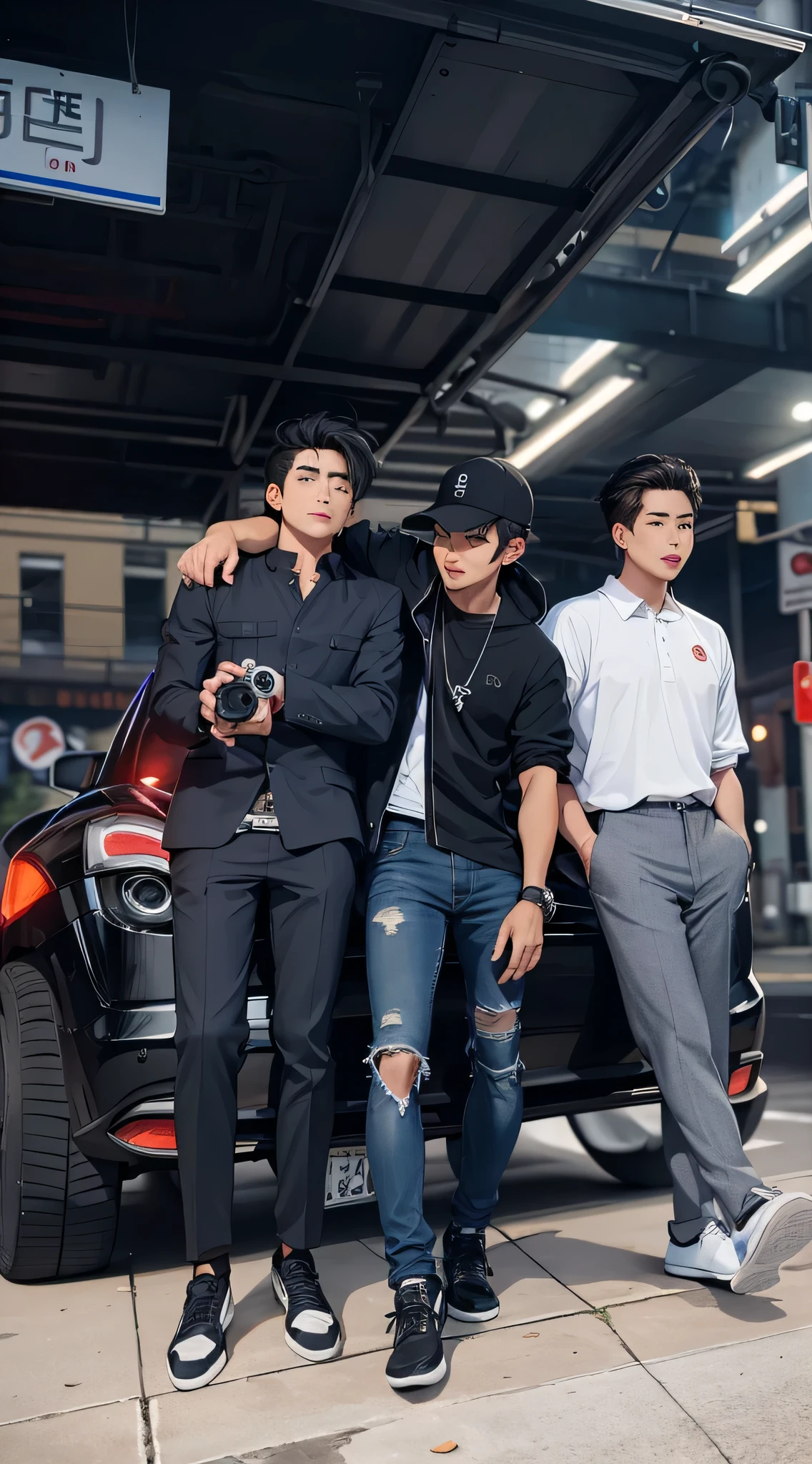 3man, 3people, 3 handsome men, taking pictures behind the car, masterpiece, ultra masterpiece, 8K, ultra detailed face, handsome face, perfect face, at night, ultra detail, looking viewers