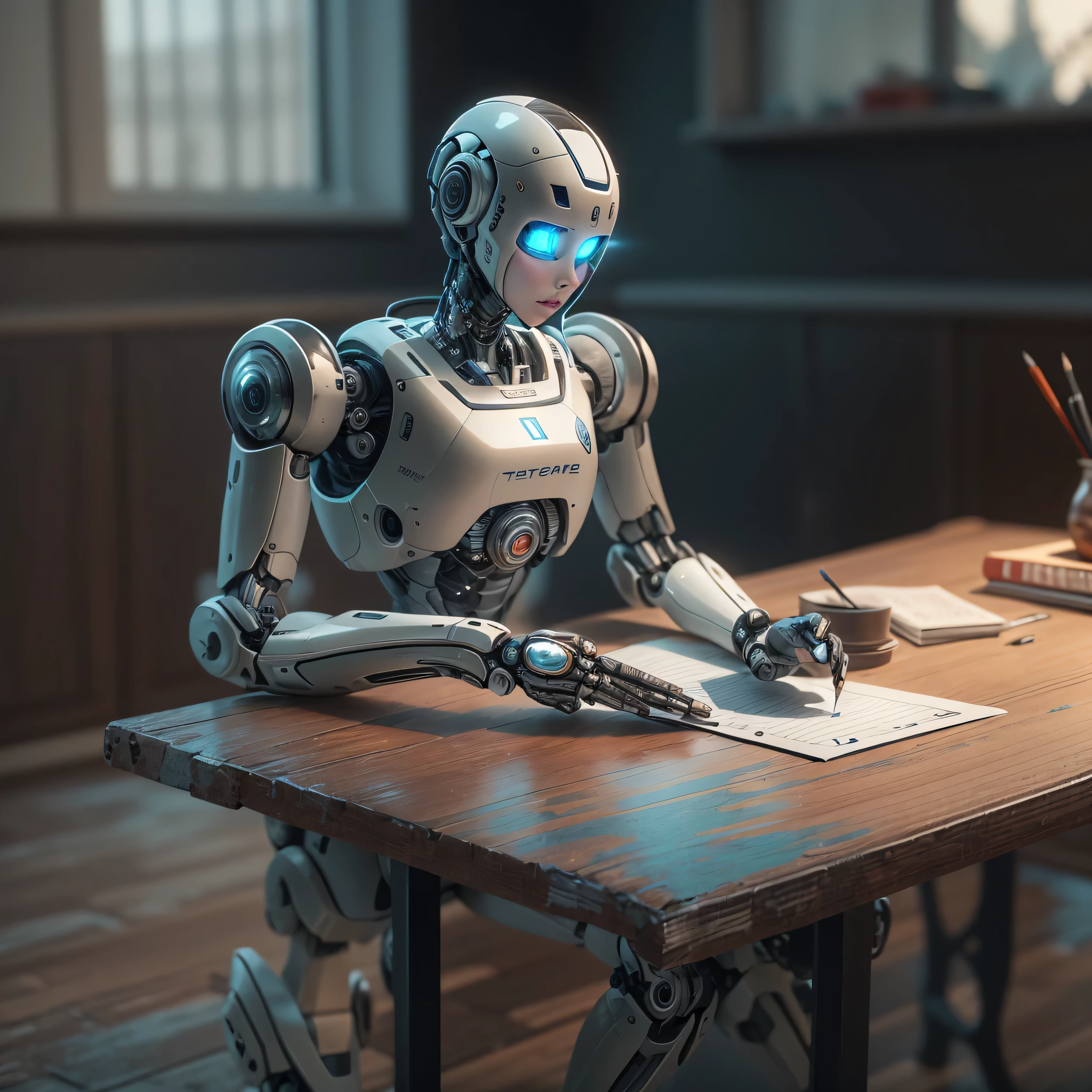 An artificial intelligence robot sits at a table, the robot is drawing, and the robot is holding a pen, photo-realistic, octane render, unreal engine, ultra-realistic