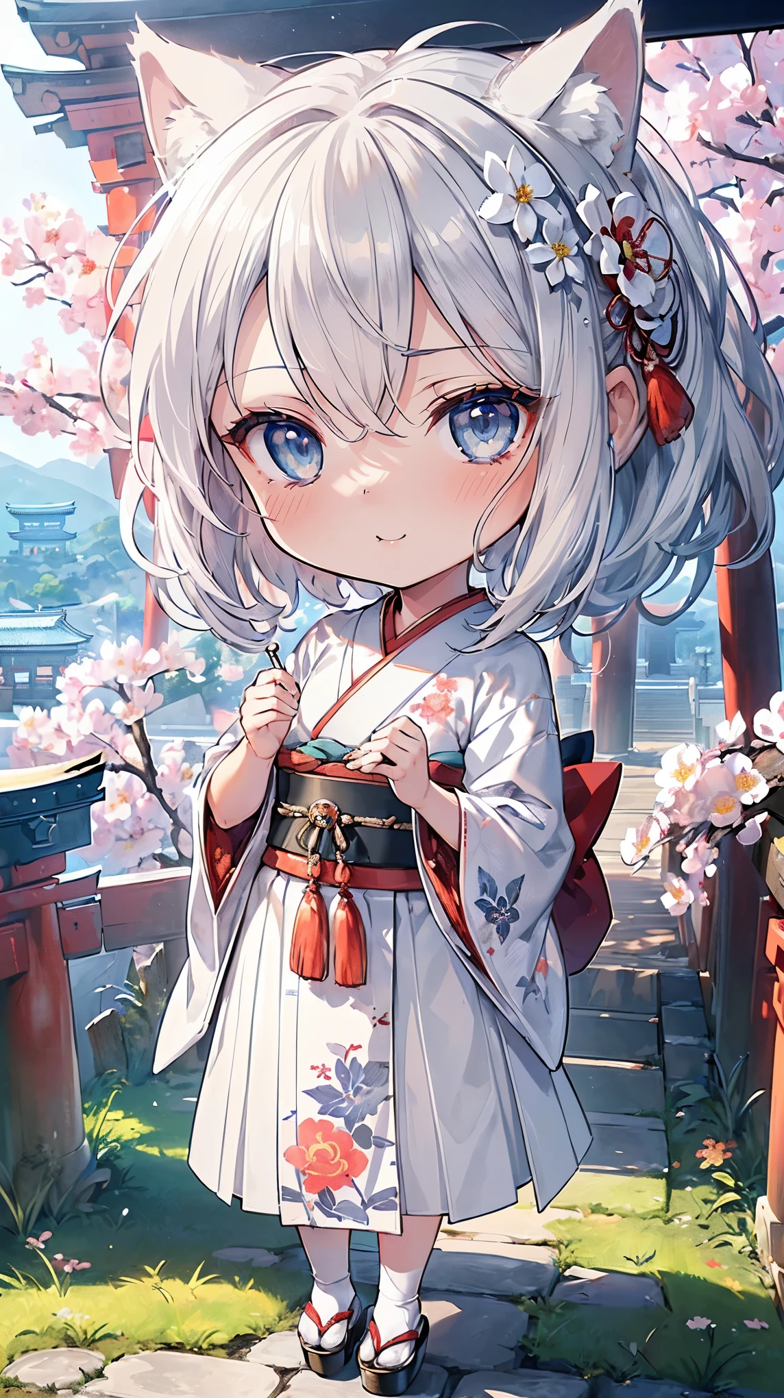 (((Masterpiece))), (((Highest quality))), ((Ultra-detailed)), ((Super fine illustration)), ((Ultra-fine painting)), (16K highest quality wallpaper:1.4), (Chibi:2.0), (Full body:1.4), HDR, (Highly detailed and delicate illustration style:1.8), Detailed skin texture, Detailed cloth texture, Extreme detailed description, (T-masterpiece), (Highly detailed face:1.2), (Highly detailed silver fox ears:1.2), (Highly detailed shiny silver half updo:1.2), (Highly detailed clear eyes:1.2), Original, RAW photo, Professional, Intricate details, Super details, Direct light:1.6, (Perfect anatomy:1.4), (Highly detailed hands:1.2), (Highly detailed fingers:1.2), (Highly detailed fingertips:1.2), (22-years-old), Real, (Solo:1.8), ((A very beautiful and attractive silver fox fashion model with blue eyes wearing a bright red furisode with a floral pattern:1.4)) BRAKE (Beautiful and adorable silver fox ears:1.8), (Highly detailed and delicate silver fox ears:1.4), (Beautiful and shiny silver half updo:1.4), (Highly detailed and delicate silver half updo:1.2), (Beautiful clear blue eyes that shine with great detail:1.6), (Highly detailed and delicate blue eyes:1.2), (Highly detailed face:1.4), (Smile:1.3), (Blush:1.4), (Looking at viewer:1.4), (Celebration:1.4) BRAKE ((Bright red:1.2) long-sleeved kimono with floral pattern:1.4), (Japanese traditional costume:1.4) BRAKE (Concept art:1.2), (Detailed fantasy art:1.2) BRAKE (Just after noon:1.4), (Very detailed and beautiful Ise Grand Shrine in Mie Prefecture just after noon in the background:1.6), (Standing in front of the torii gate:1.4), (Celebration:1.4), Ise Grand Shrine:1.4, Torii gate of Ise Shrine:1.4, Very beautiful in the sunny sky background just after noon:1.4 BRAKE
