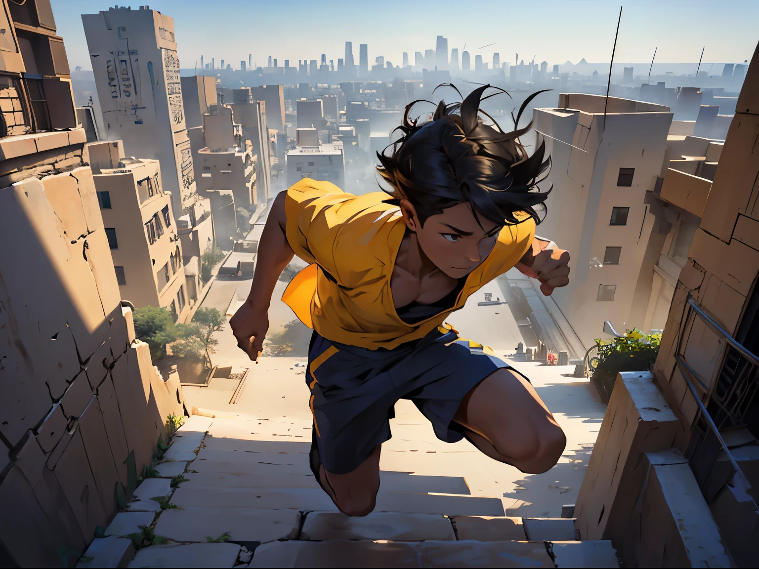 There is a shirtless boy who is running, escaping from someone who is following him, jumping over the buildings of Cairo, Egypt, panoramic view, cute 15-year-old teenager from above, a modern city. , sin camisa falda tribal, esta perdido  desconcertado, esta sin camisa usa una falda tribal egipcia arabe
