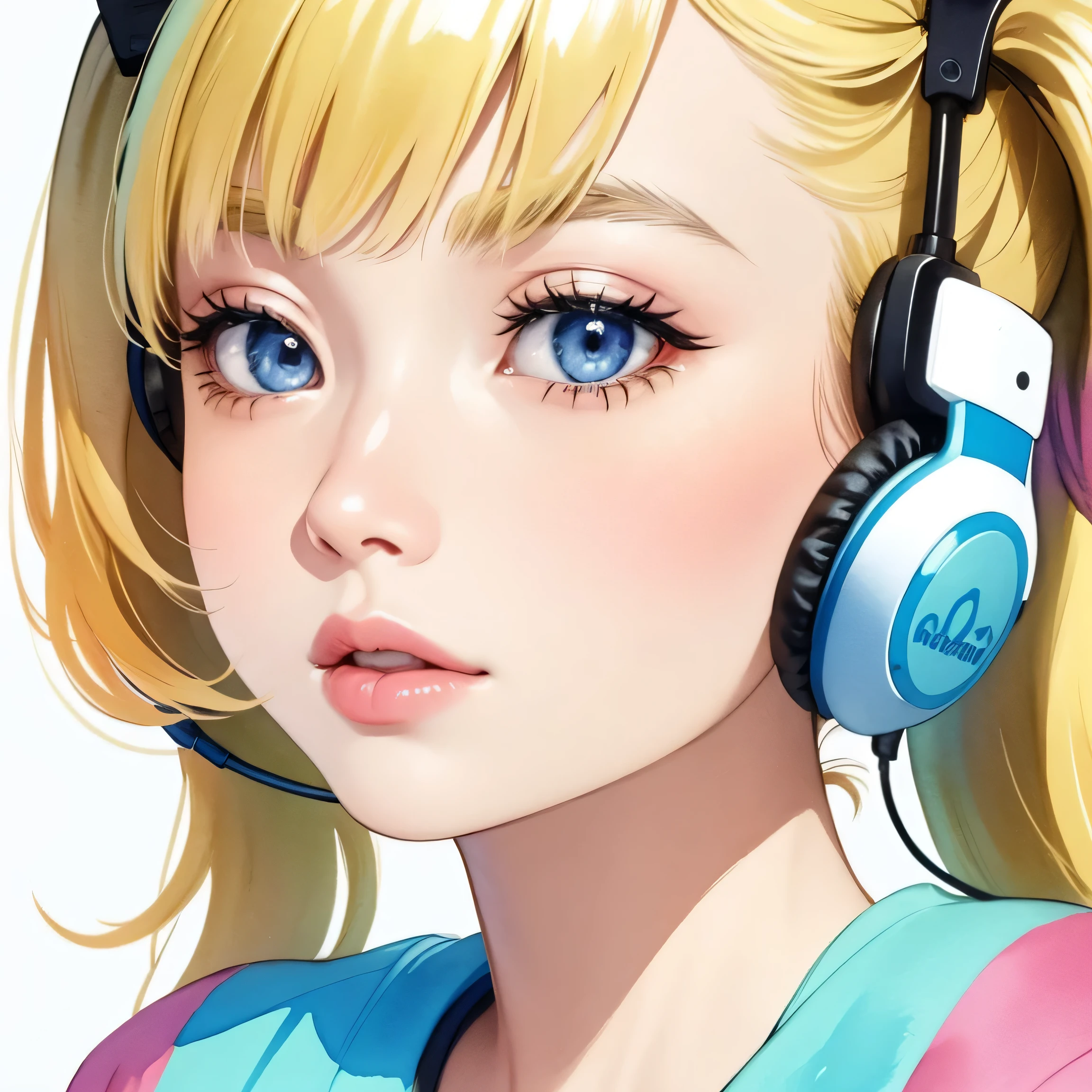 close up of face、colorful、headphones、watercolor、blonde、twin tails、I'm