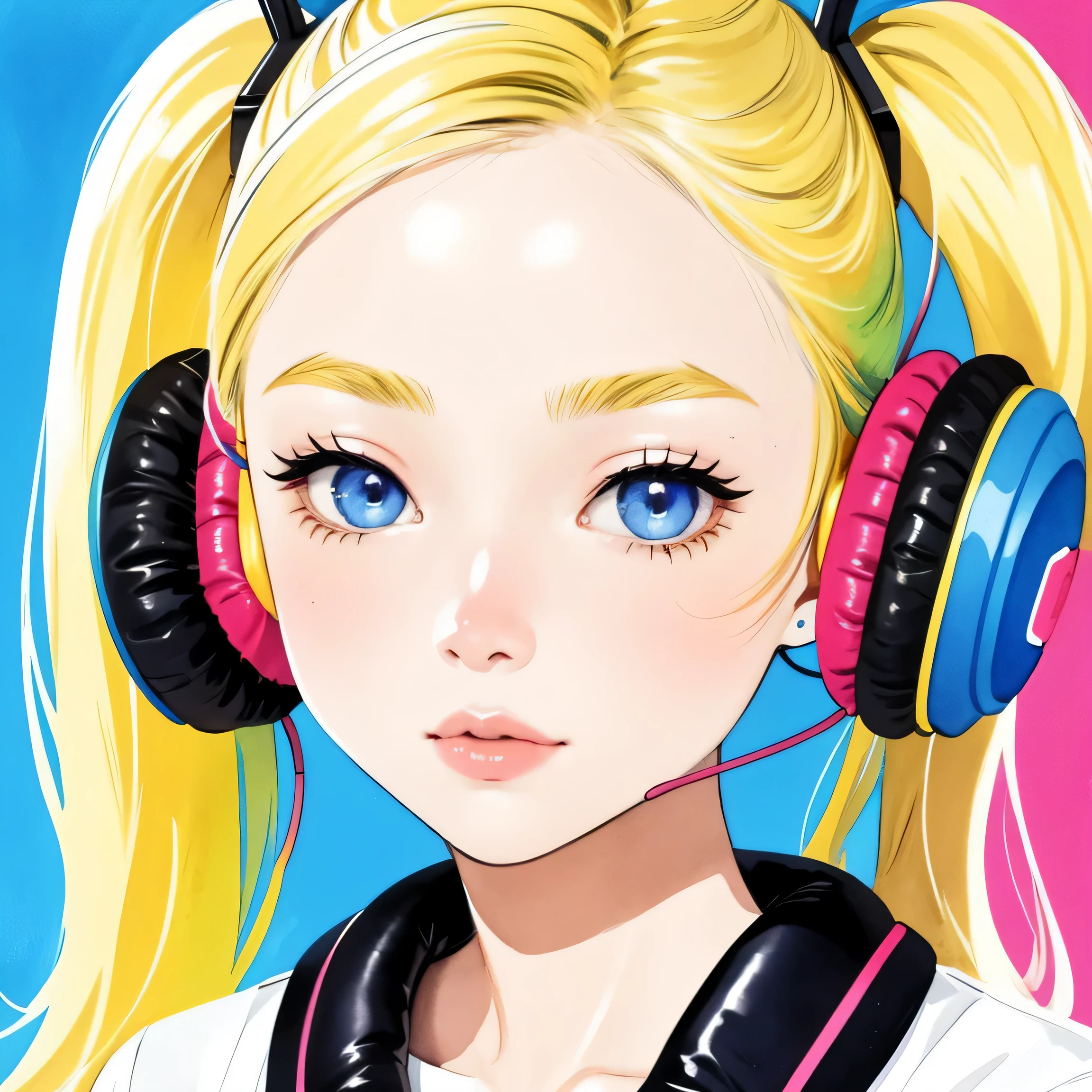 close up of face、colorful、headphones、watercolor、blonde、twin tails、I&#39;m 