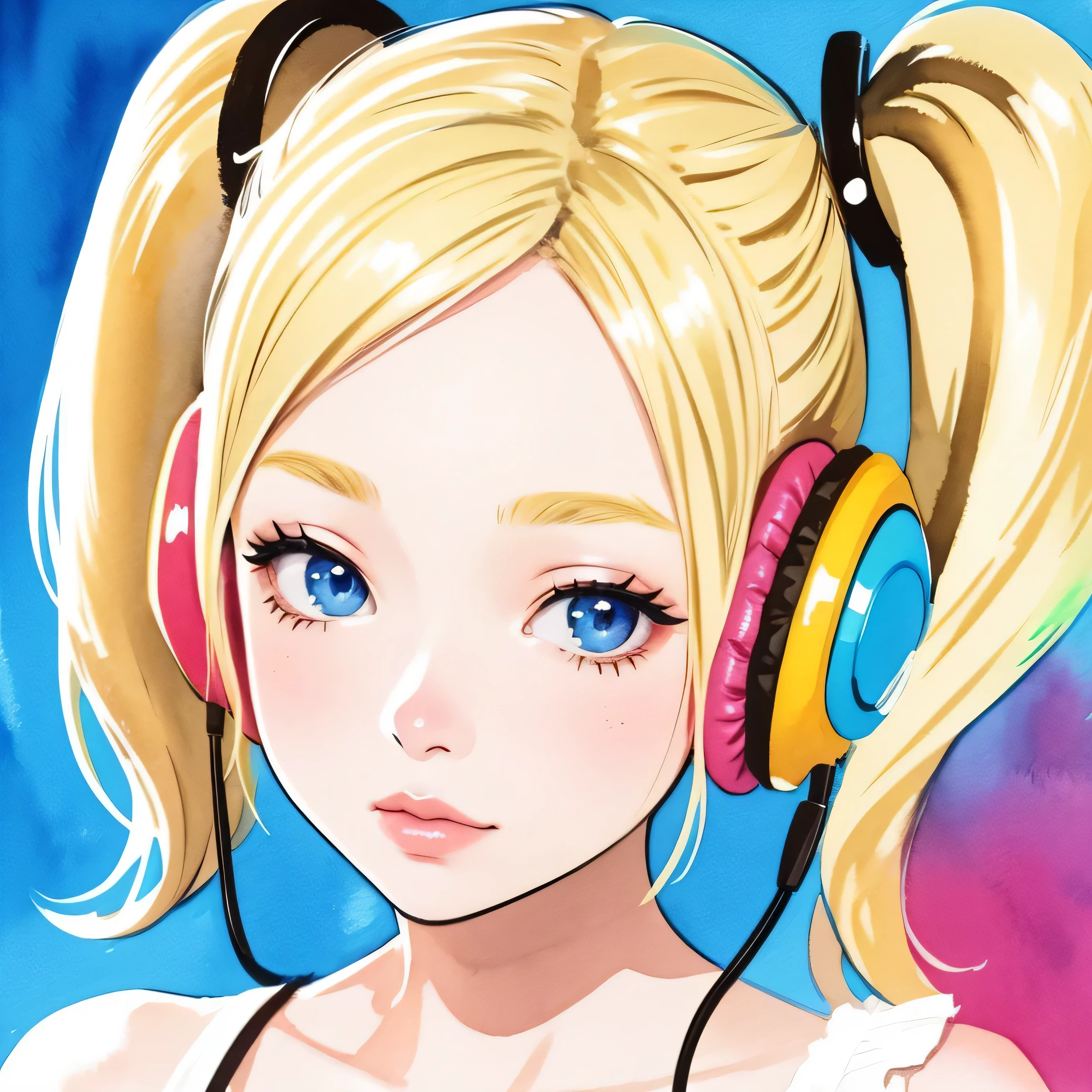 close up of face、colorful、headphones、watercolor、blonde、twin tails、I&#39;m 11 years old