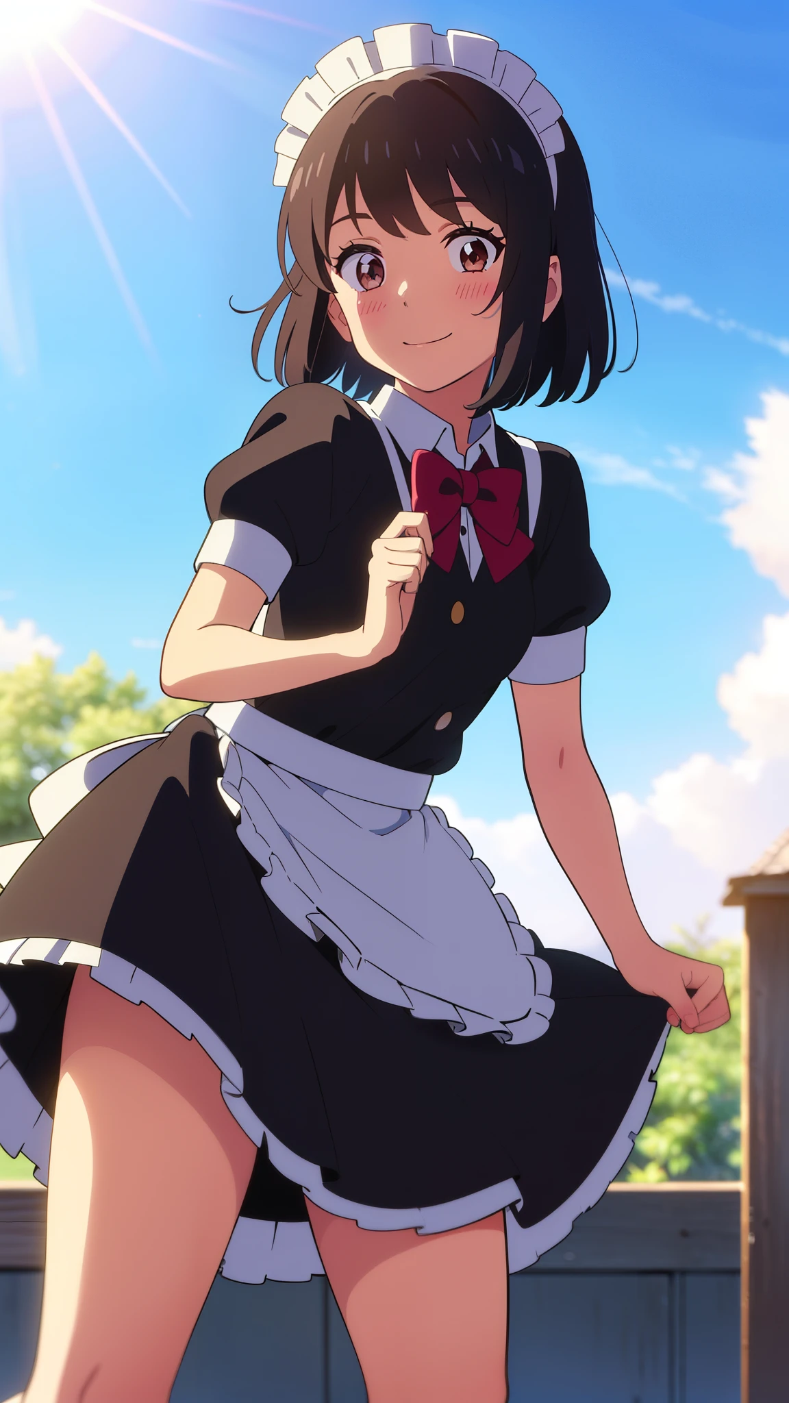 shinkai makoto, kimi no na wa., 1girl, bangs, black hair, short hair, blush, brown eyes, looking at the viewer, ((girl wear maid dress, short sleeves, short dress, short skirt, maid headdress)), red bow, red ribbon, smile, cute, happy, fun, joyful, school, outdoors, sky, cloud, sunlight, upper body
