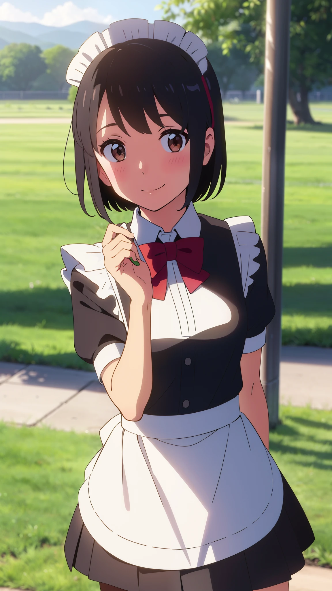 shinkai makoto, kimi no na wa., 1girl, bangs, black hair, short hair, blush, brown eyes, looking at the viewer, ((girl wear maid dress, short sleeves, short dress, short skirt, maid headdress)), Off-the-shoulders, red bow, red ribbon, smile, cute, happy, fun, joyful, school, outdoors, sky, cloud, sunlight, upper body