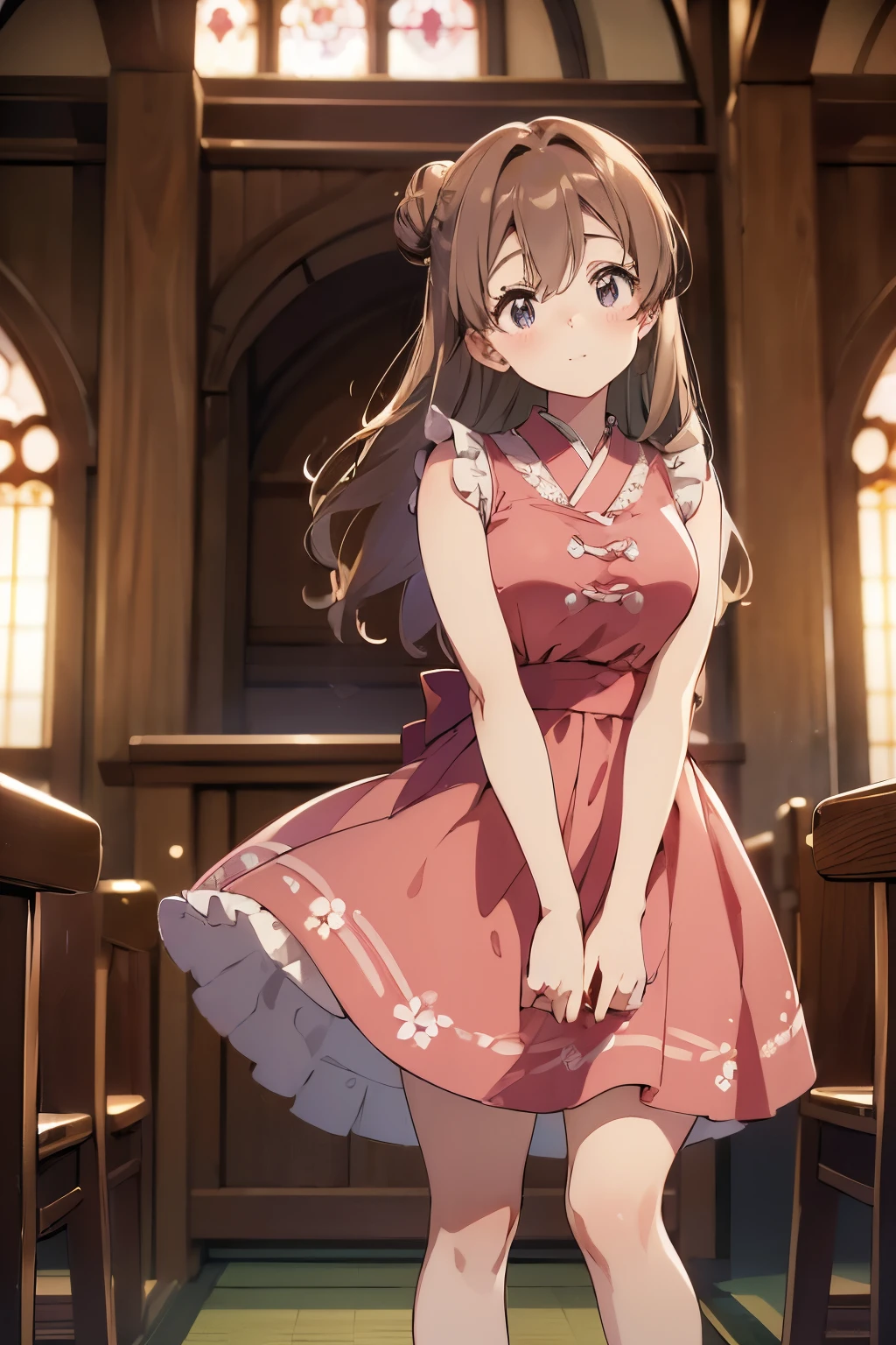 ((high quality, masterpiece, 4k, 8k, UHD)), facing forward, beautiful woman, brown bun hair, long eyelashes, sakura-colored cheeks, ((dress)), Japanese idol, pretty girl, standing, church
