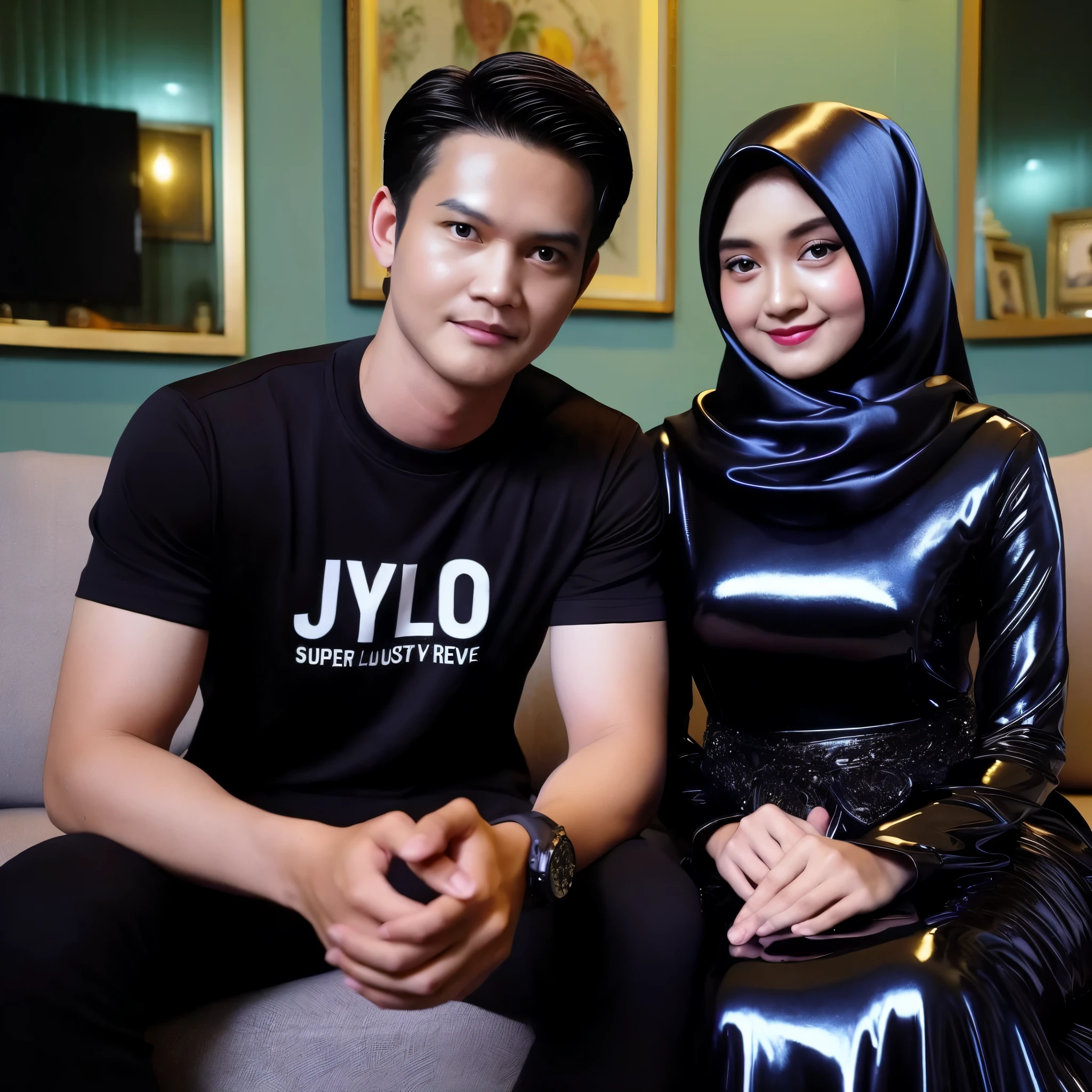 create some photos an 22 years old Indonesian young man wearing black hoodie with an 22 years old Indonesian young woman wearing black hijab,the background at the photo studio. There's a neon lamp with colorfull,writted You Are My Angel. They're seems happy. Real photo, high quality, good detail. without bing watermark