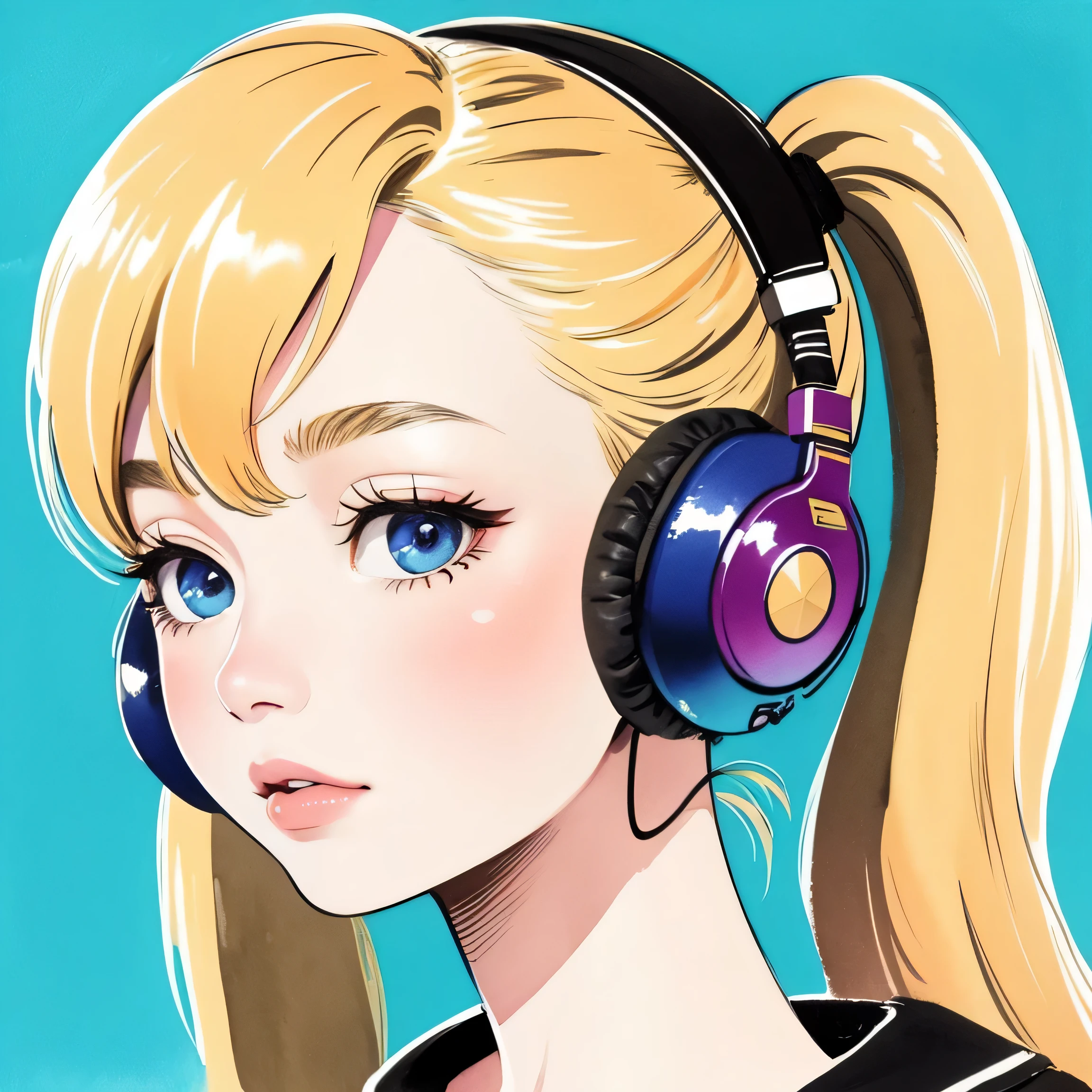 close up of face、colorful、headphones、watercolor、blonde、twin tails、I&#39;m 、Rear view