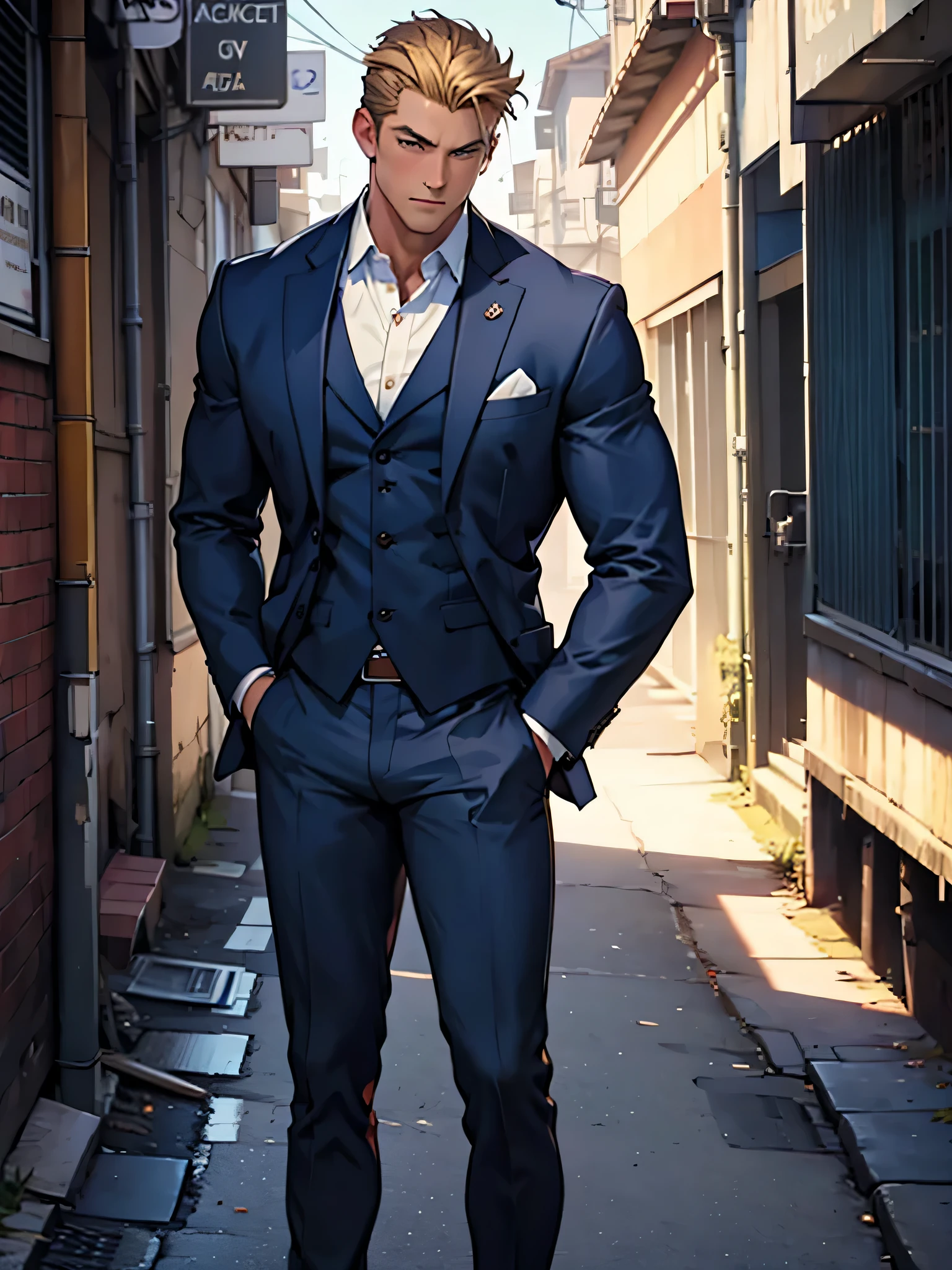 draw a young chad, dark blue suit, hands in pockets, looking at the camera, masculine