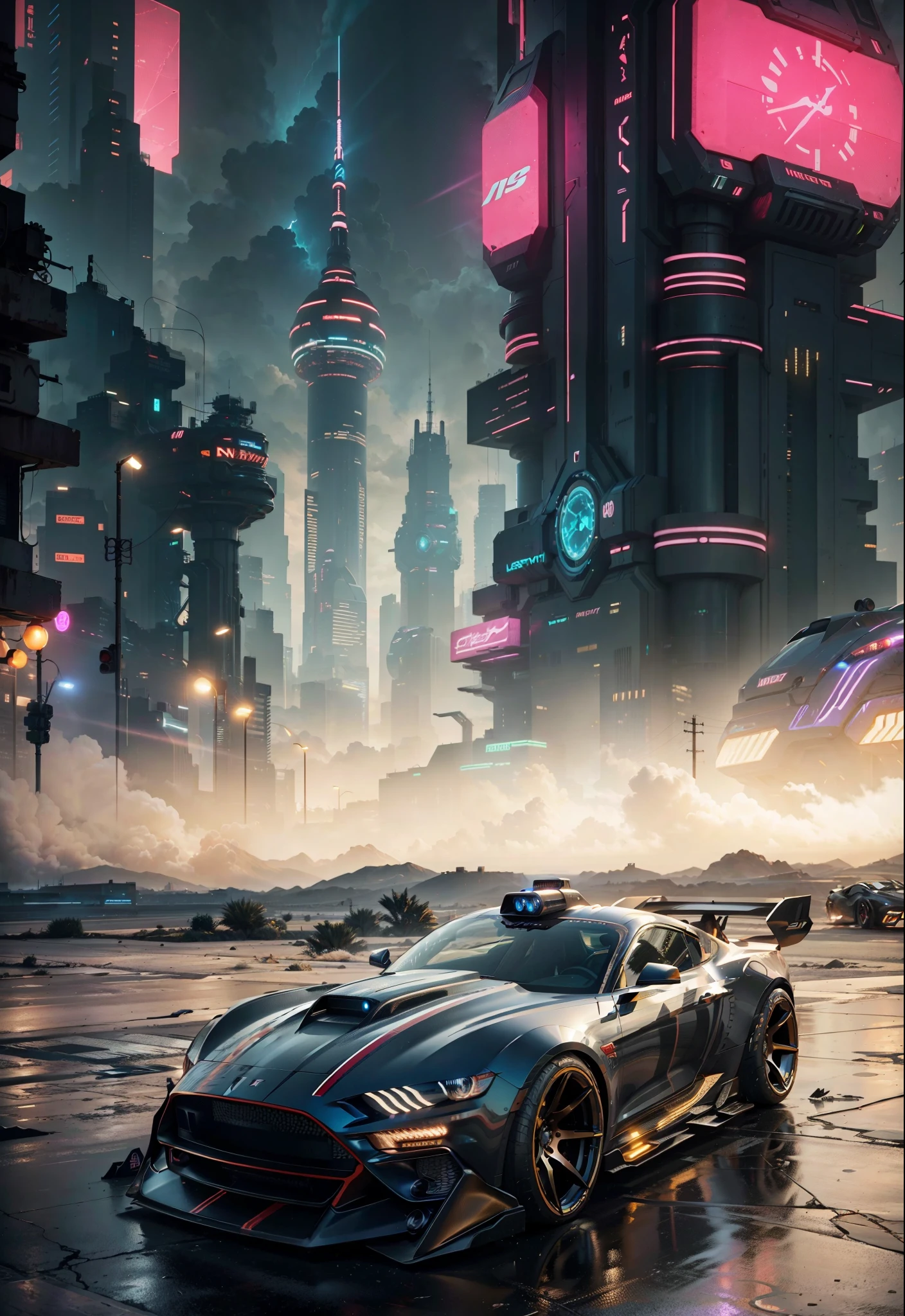 A photorealistic futuristic Mustang and lit headlights in the foreground in the background a science fiction city with lit lights and several cyberpunk buildings lit with neon