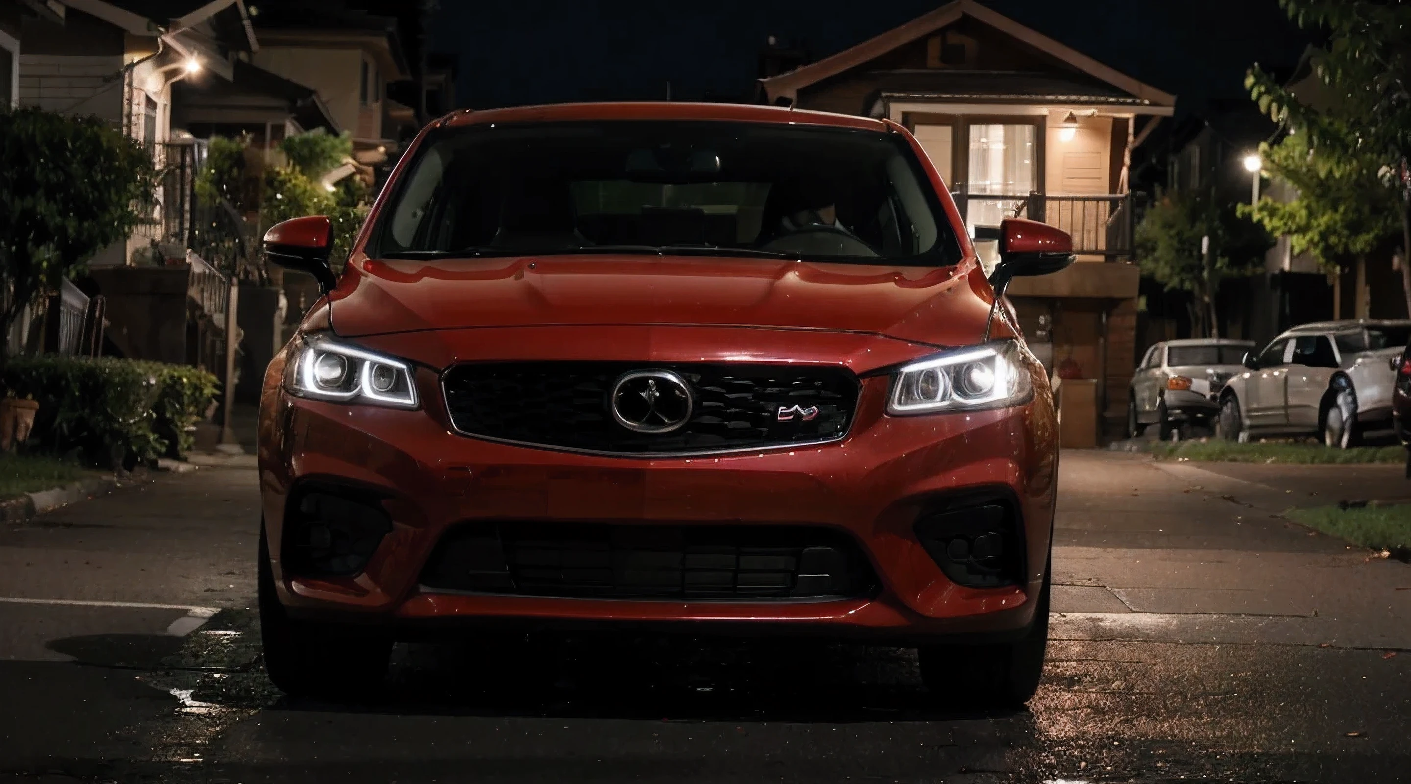 A man drives a red car in the neighborhood.evening