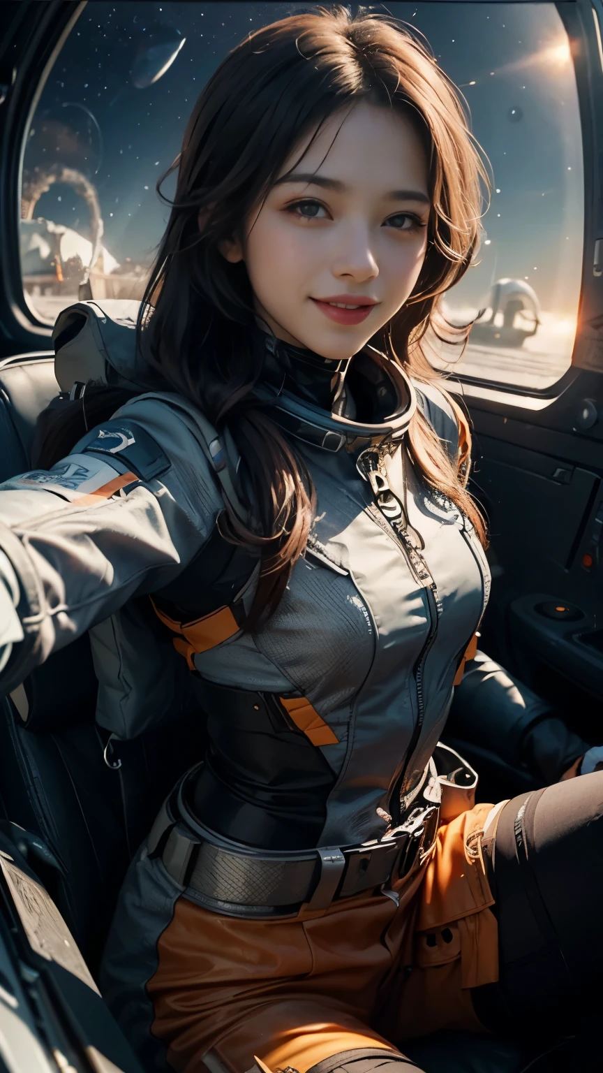 xxmixgirl,1girl, fisheye, selfie, wind, messy hair, sunset,smiling,FilmGirl, Generate a lively and enchanting scene portraying a girl with flowing hair, radiating joy in a orange spacesuit. Picture her inside a futuristic spacecraft, capturing a moment of pure enthusiasm as she takes a selfie. gray planet mercury and huge sun visible in the background. The spacecraft's interior is sleek and modern, adorned with high-tech elements and large windows that offer breathtaking view of planet mercury from space in vast expanse of space galaxy, The girl's genuine smile reflects her excitement as she embarks on a journey to Mercury, showcasing the adventurous spirit of space exploration, orange space suit. show case large burning sun in background. loose orange spacesuit.