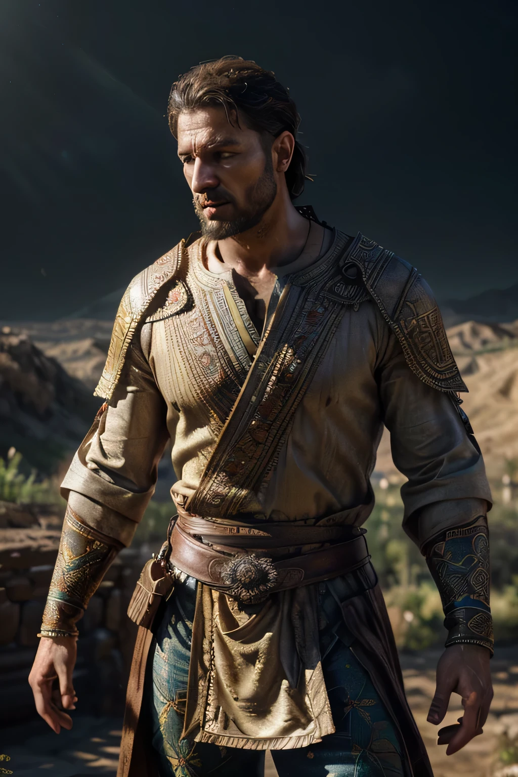 Image of the biblical character, Homem de 35 anos, Brave appearance, Standing, pose destemida, corpo todo ((wearing majestic tunic)), lighting coming towards you from the clouds, ((ambiente com montanhas)), (professional 3d rendering: 1.3)(realista: 1.3) ((luz de fundo, ambiente majestoso)), ((8K corpo todo unit rendering)), rosto detalhado, (vibrante, Sobre Fotoreal, realista, Dramatic, escuro, sharp focus, 8K), (intricado: 1.4), Deteriorado, (altamente detalhado: 1.4), pintura digital, octane rendering, art stations, arte conceitual, Concentre-se na suavidade, clear illustrations (Global illumination, studio light, volumetric light)