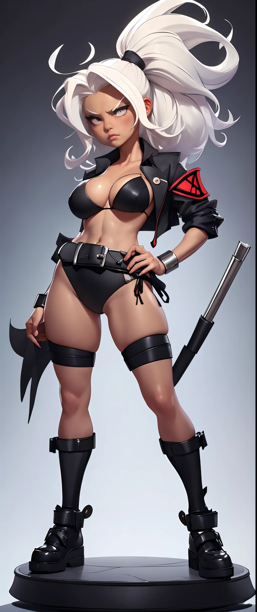 (Masterpiece, best quality:1.2), alone, 1 girl, judgement , Tanned skin , white hair , abdomen , big breasts , angry , look at viewer, hands on hips , vest , black bikini , belt , black stockings , shoe