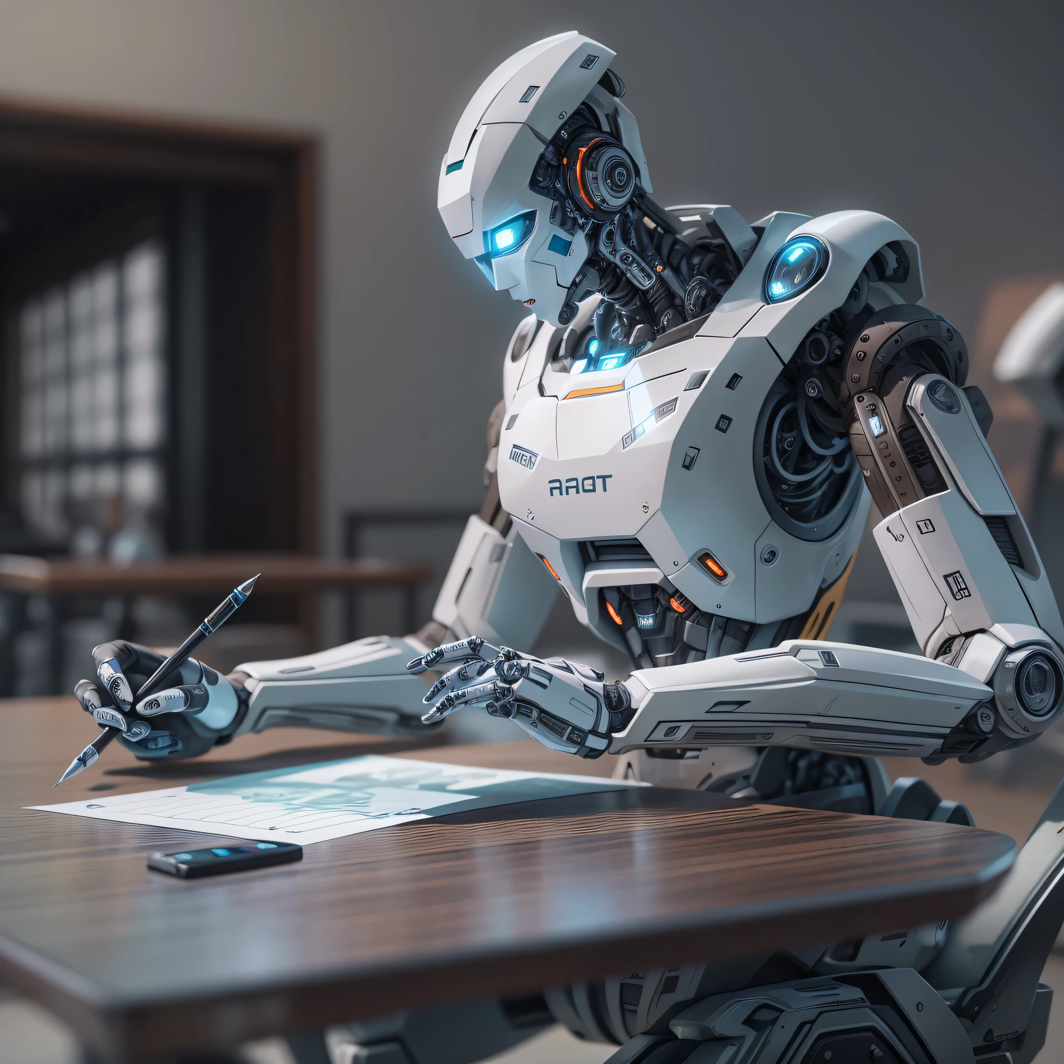 An artificial intelligence robot sits at a table, the robot is drawing, and the robot is holding a pen, photo-realistic, octane render, unreal engine, ultra-realistic