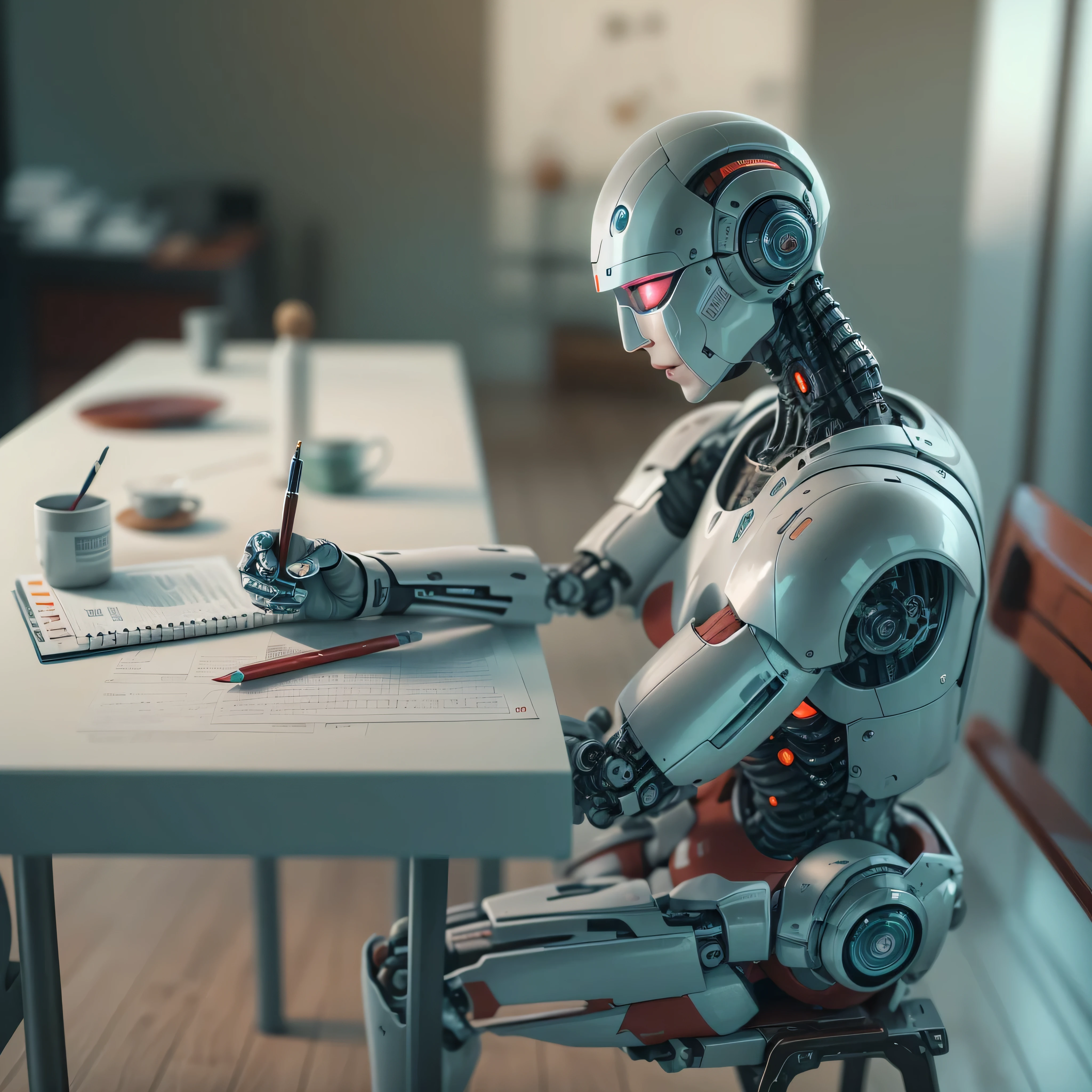 An artificial intelligence robot sits at a table, the robot is drawing, and the robot is holding a pen, photo-realistic, octane render, unreal engine, ultra-realistic