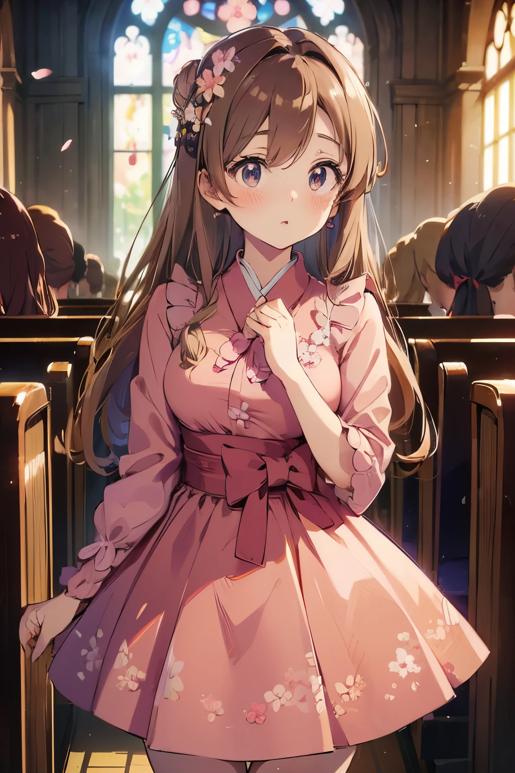 ((high quality, masterpiece, 4k, 8k, UHD)), facing forward, beautiful woman, brown bun hair, flower hair accesorylong eyelashes, sakura-colored cheeks, ((dress)), Japanese idol, pretty girl, standing, church