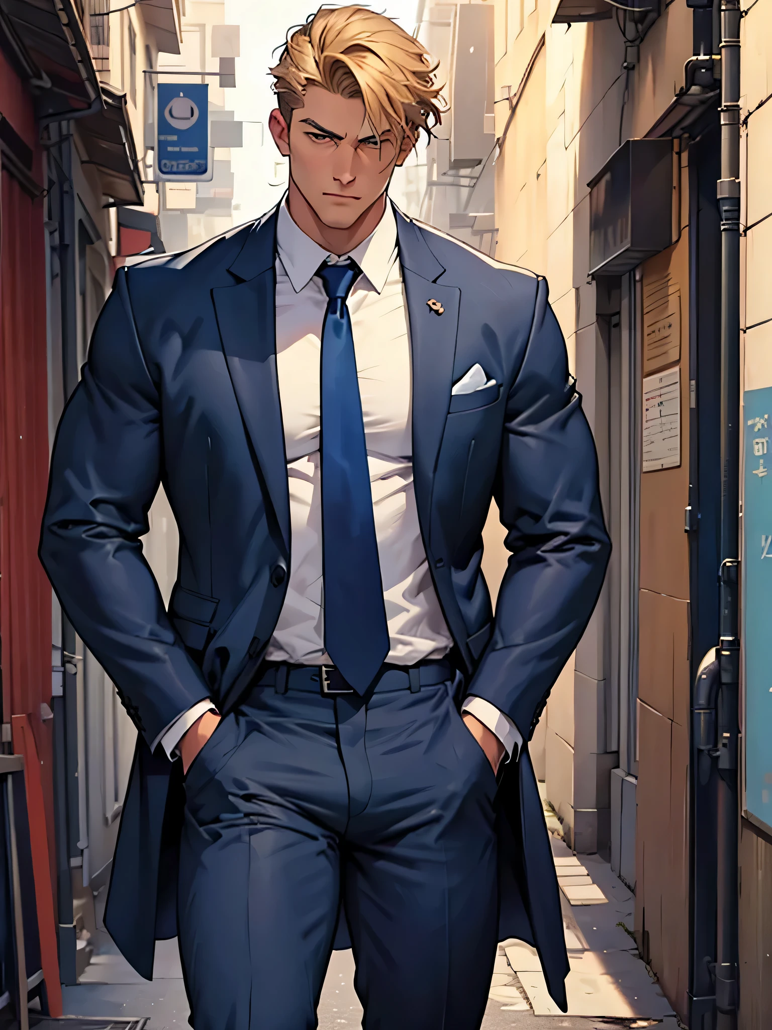 draw a young chad, dark blue suit, hands in pockets, looking at the camera, masculine, from torso up shot