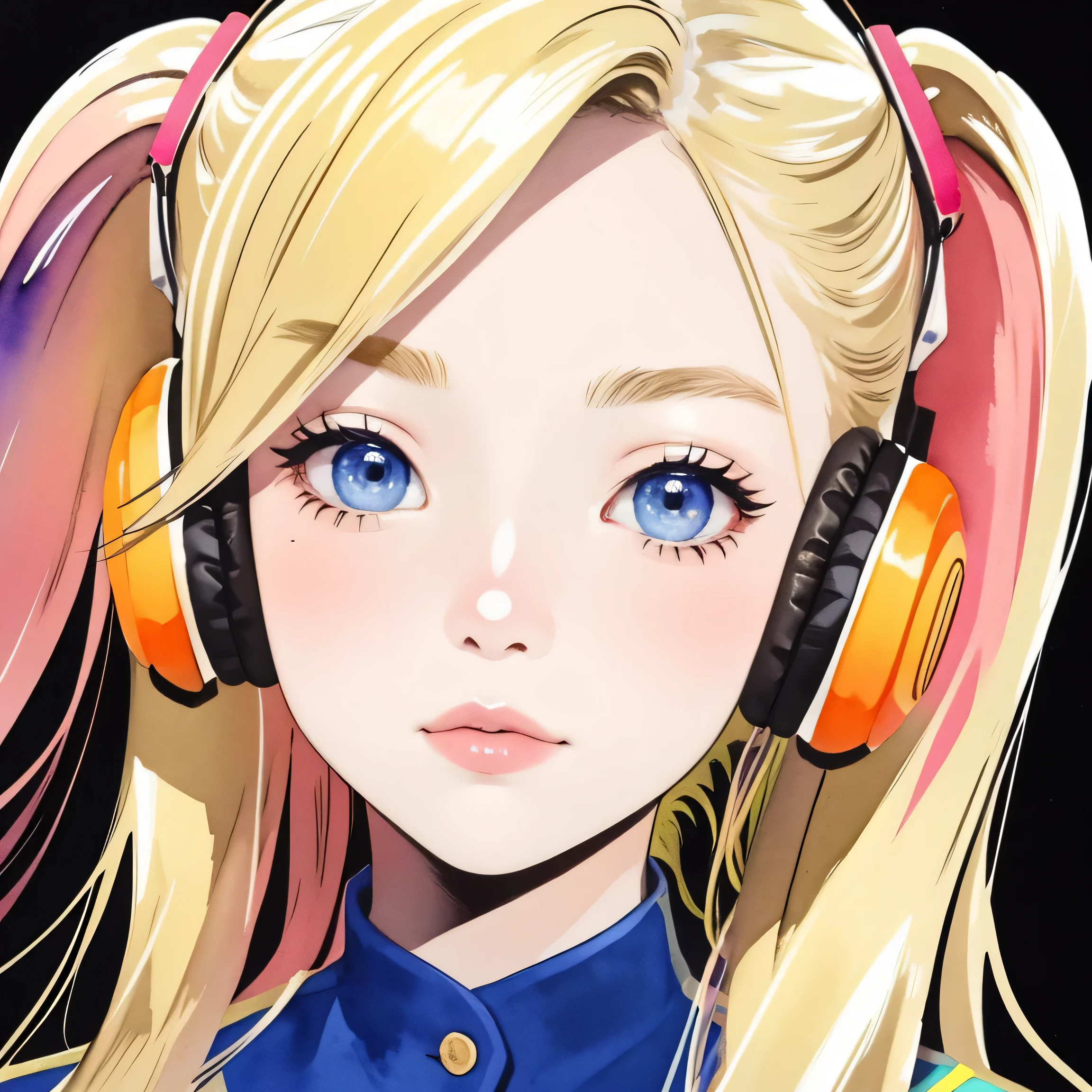 close up of face、colorful、headphones、watercolor、blonde、twin tails、I&#39;m ************、right next door