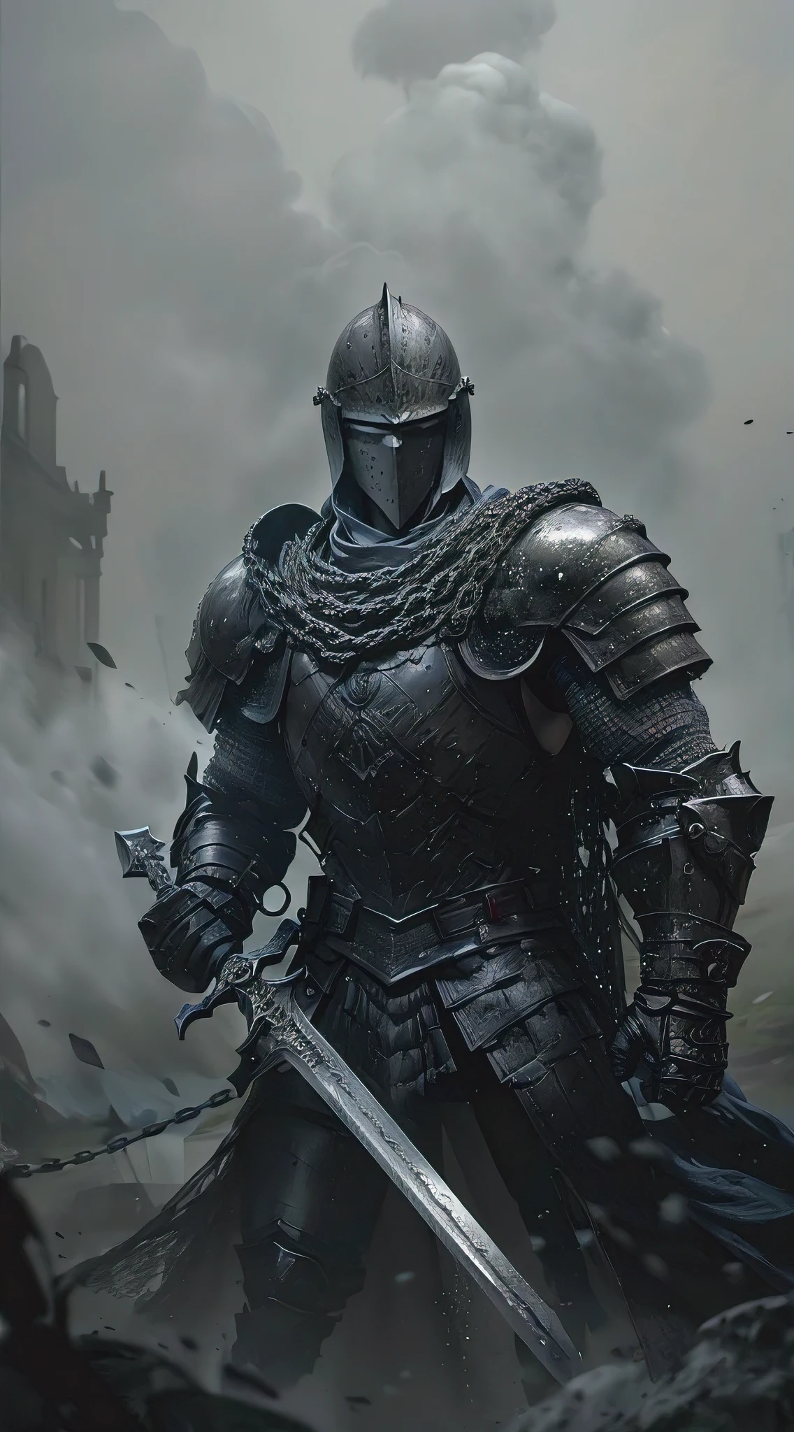 (best quality, masterpiece:1.2), epic front view action shot of a strong knight in full chain armor, holding his sword with two hands in battle position, in the background there is mist fog and a monument, dark, epic, cinematic, mystery, dramatic, photoreal