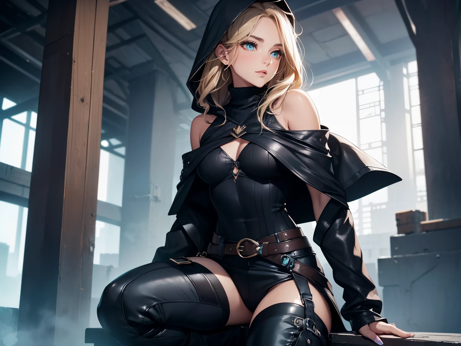 (best quality, 4k, 8k, highres, masterpiece:1.2),
ultra-detailed,
detailed face,
detailed lips and eyes,
attractive appearance,
expressive face,
anime style,
BREAK
Valerie the Thief beautiful caucasian woman with messy wavy (shoulder length:1.3) blonde hair,
23 years old,
((big eyes)),
(brown eyes:1.4),
brown eyebrows,
fair skin,
lean and athletic,
BREAK
detailed perfect fingers,
perfect hands,
detailed perfect face,
intense blushing,
short female,
open mouth,
smirk,
arrogant caring slightly shy and slutty expression,
(solo:1.2),
BREAK
(black theme:1.5),
(black leather choker),
(Little Black Riding Hood:1.5),
(black leather hood with glowing teal metallic embroidered details:1.3),
(black elegant slim-fit striped ripped distressed trousers or hotpants:1.2) or worn out jeans,
(luxurious knee height black stiletto boots:1.3),
BREAK
(indigo theme),
(beautiful deep indigo knitted silk turtleneck:1.3),
smoky indigo and red makeup,
BREAK
refined glowing lavender lipstick,
BREAK
urban background,
alluring diverse and dynamic poses,
(riding (motorcycle or sports car)):1.4,
(attack, motion), instagram, ray tracing
