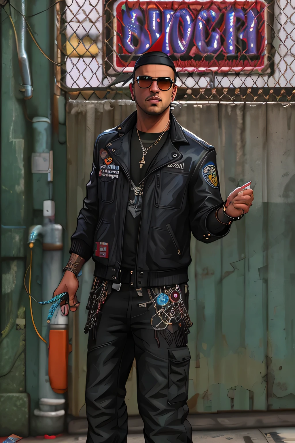 There is a man in a black jacket and sunglasses standing in front of a building, mechanic punk Roupa, personagem gta, como um personagem do GTAV, estilo de rua gta v, highly aesthetic, Roupa: policial, olhar duro, personagem gta v, punk Roupa, vestido com roupas crustpunk, capanga de rua cyberpunk, vestindo uma bandana e corrente, usando um tapa-olho sobre um olho