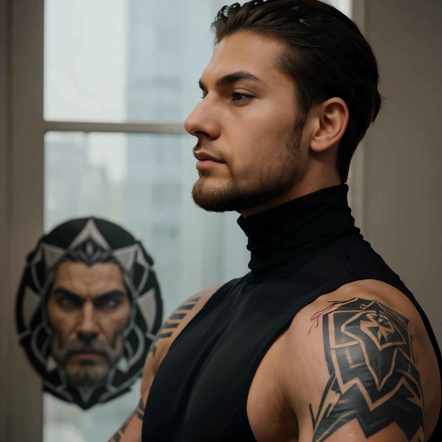 muscular man , 6'2 feet with a slight beard , badass tattoo on right arm , slightly tanned , face not in the pricture, side view of the body from neck down , wears a sleeveless black turtleneck