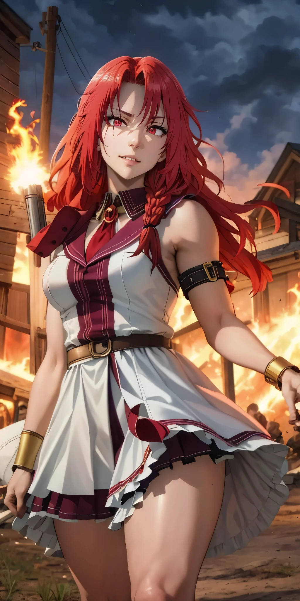 red hair, long hair, braid, red eyes, muscular female, anatomically correct, best quality, masterpiece, high quality, high details, highres, HD, (shaded face:1.2), hollow eyes, looking at viewer, heavy breathing, smirk, uppert teeth, On the battlefield of the storm, A woman dressed in a ****ta costume wields a weapon infused with the power of the fire element.( Lightning danced around her), Echoing the strength of her determination，Because she embodies the power of the forces of nature in battle.offcial art, 8k wallpaper, Ultra detailed, Beautiful and aesthetic, Beautiful, Masterpiece, Best quality，(Focus on thighs up)，Clear face，Eyes detailed，(Wind，Fluttering strands of hair，Flowing skirt)，
