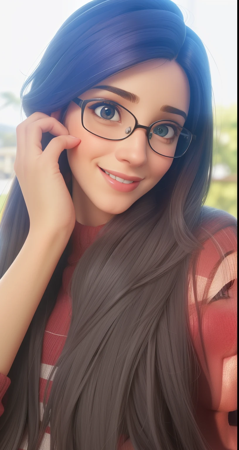 Uma mulher de 34 anos, com cabelos castanhos curtos, Rosto redondo, rosto redondo com sorriso encantador, e olhos castanhos claros, wearing glasses.