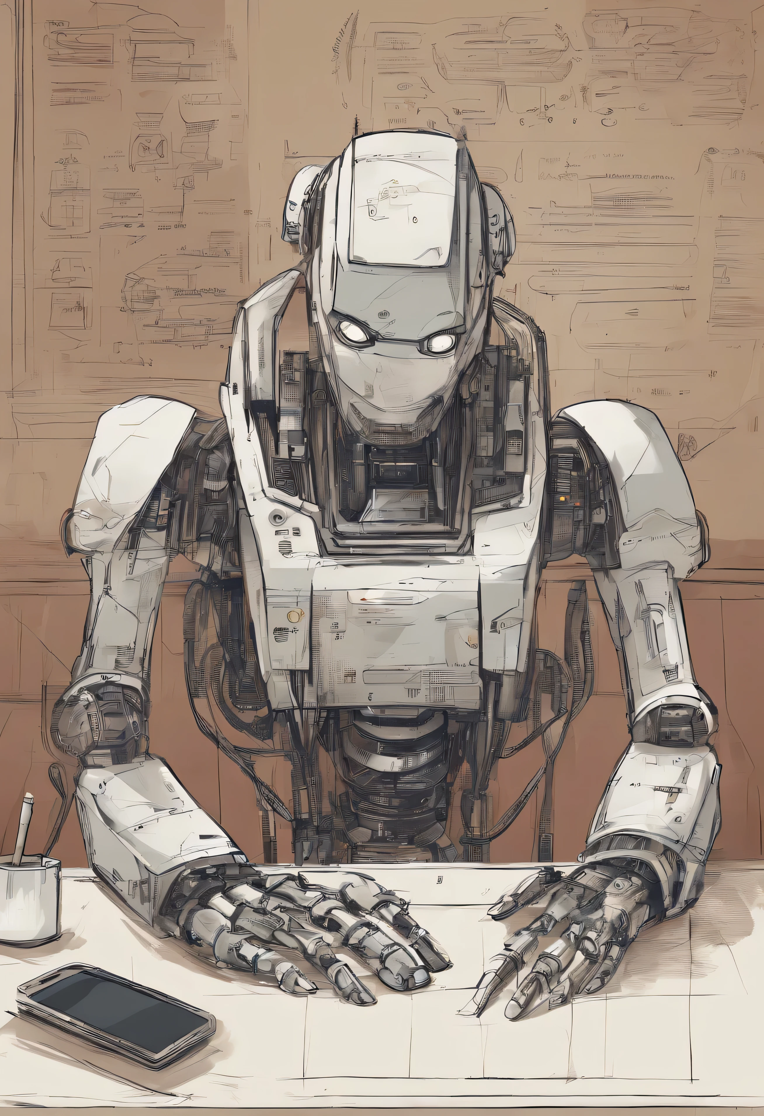 An artificial intelligence robot sits at a table, the robot is drawing, and the robot is holding a pen