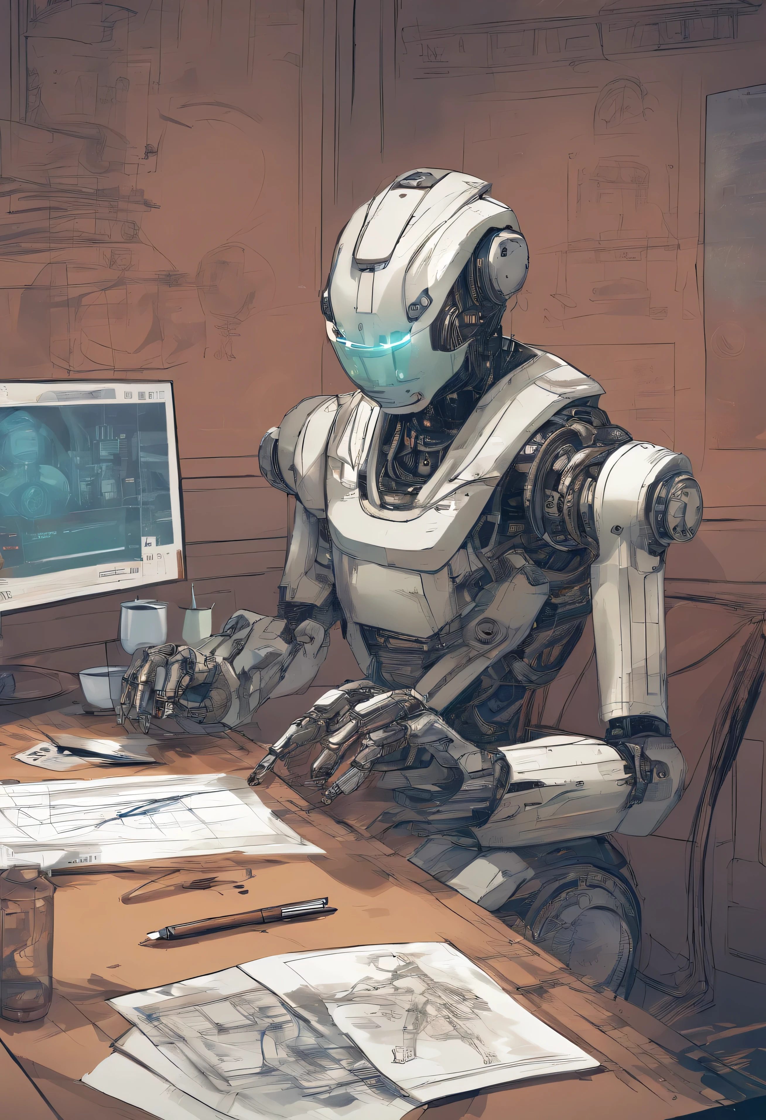 An artificial intelligence robot sits at a table, the robot is drawing, and the robot is holding a pen