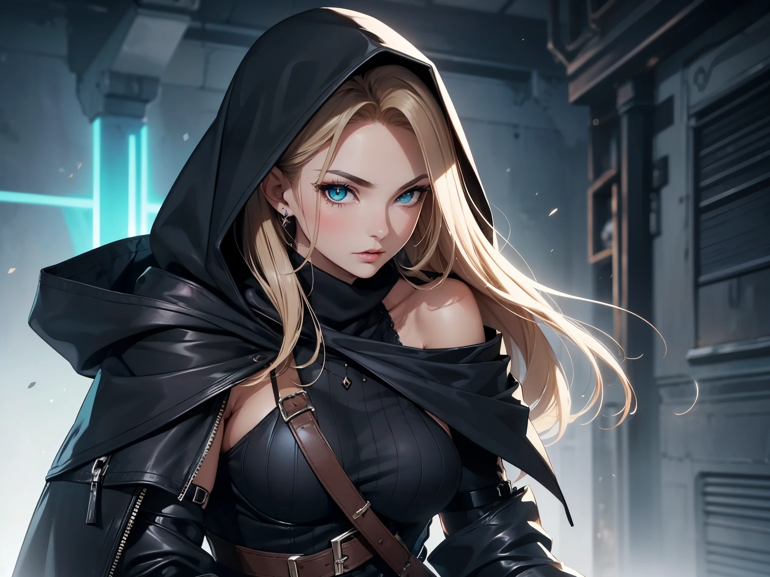 (best quality, 4k, 8k, highres, masterpiece:1.2),
	ultra-detailed,
	detailed face,
	detailed lips and eyes,
	attractive appearance,
	expressive face,
	anime style,
BREAK
	Valerie the Thief beautiful caucasian woman with messy wavy (shoulder length:1.3) blonde hair,
	23 years old,
	((big eyes)),
	(brown eyes:1.4),
	brown eyebrows,
	fair skin,
	lean and athletic,
BREAK
	detailed perfect fingers,
	perfect hands,
	detailed perfect face,
	intense blushing,
	short female,
	open mouth,
	smirk,
	arrogant caring slightly shy and slutty expression,
	(solo:1.2),
BREAK
	(black theme:1.5),
	(black leather choker),
	(Little Black Riding Hood:1.5),
	(black leather hood with glowing teal metallic embroidered details:1.3),
	(black elegant slim-fit striped ripped distressed trousers or hotpants:1.2) or worn out jeans,
	(luxurious knee height black stiletto boots:1.3),
BREAK
	(indigo theme),
	(beautiful deep indigo knitted silk turtleneck:1.3),
	smoky indigo and red makeup,
BREAK
	refined glowing lavender lipstick,
BREAK
	urban background,
	alluring diverse and dynamic poses,
	(riding (motorcycle or sports car)):1.4,
	(attack, motion), instagram, ray tracing 