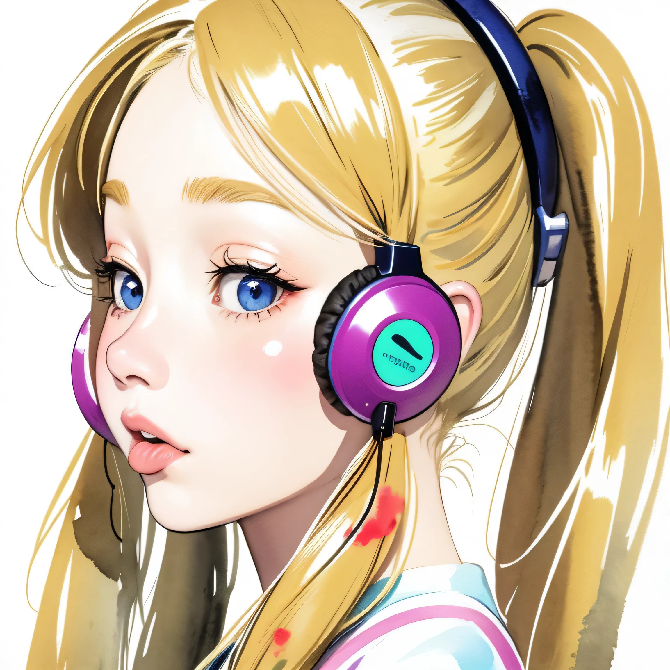 close up of face、colorful、headphones、watercolor、blonde、twin tails、I'm 11 years old、profile、close ~ eye、stick out tongue