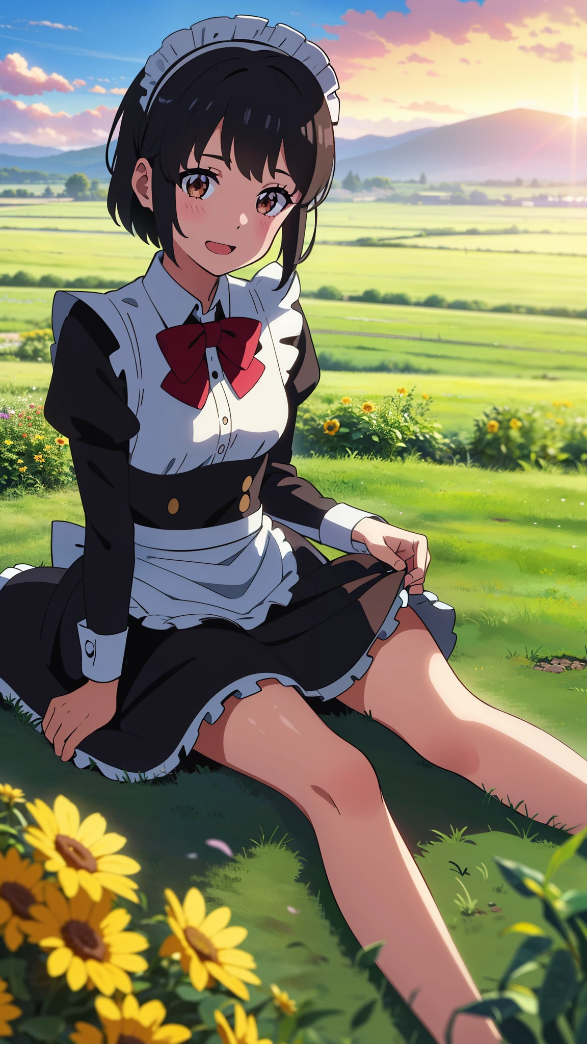shinkai makoto, kimi no na wa., 1girl, bangs, black hair, blush, brown eyes, shiny skin, ((girl wear maid dress, short dress, short skirt, maid headdress)), Off-the-shoulders, red bow, red ribbon, short hair, smile, cute, solo, happy, open mouth, looking at viewer, flower field, Sit on grass, sky, cloudy, evening, sunset
