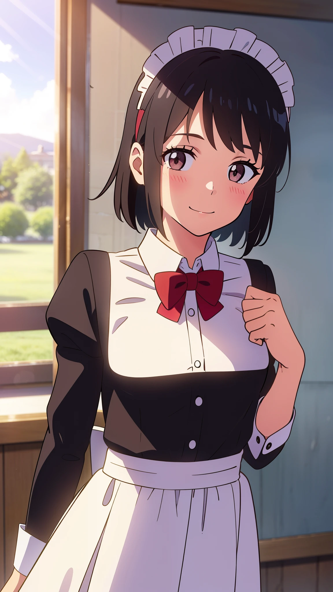 shinkai makoto, kimi no na wa., 1girl, bangs, black hair, short hair, blush, brown eyes, looking at the viewer, ((girl wear maid dress, short dress, short skirt, maid headdress)), Off-the-shoulders, red bow, red ribbon, smile, cute, happy, fun, joyful, school, outdoors, sky, cloud, sunlight, upper body