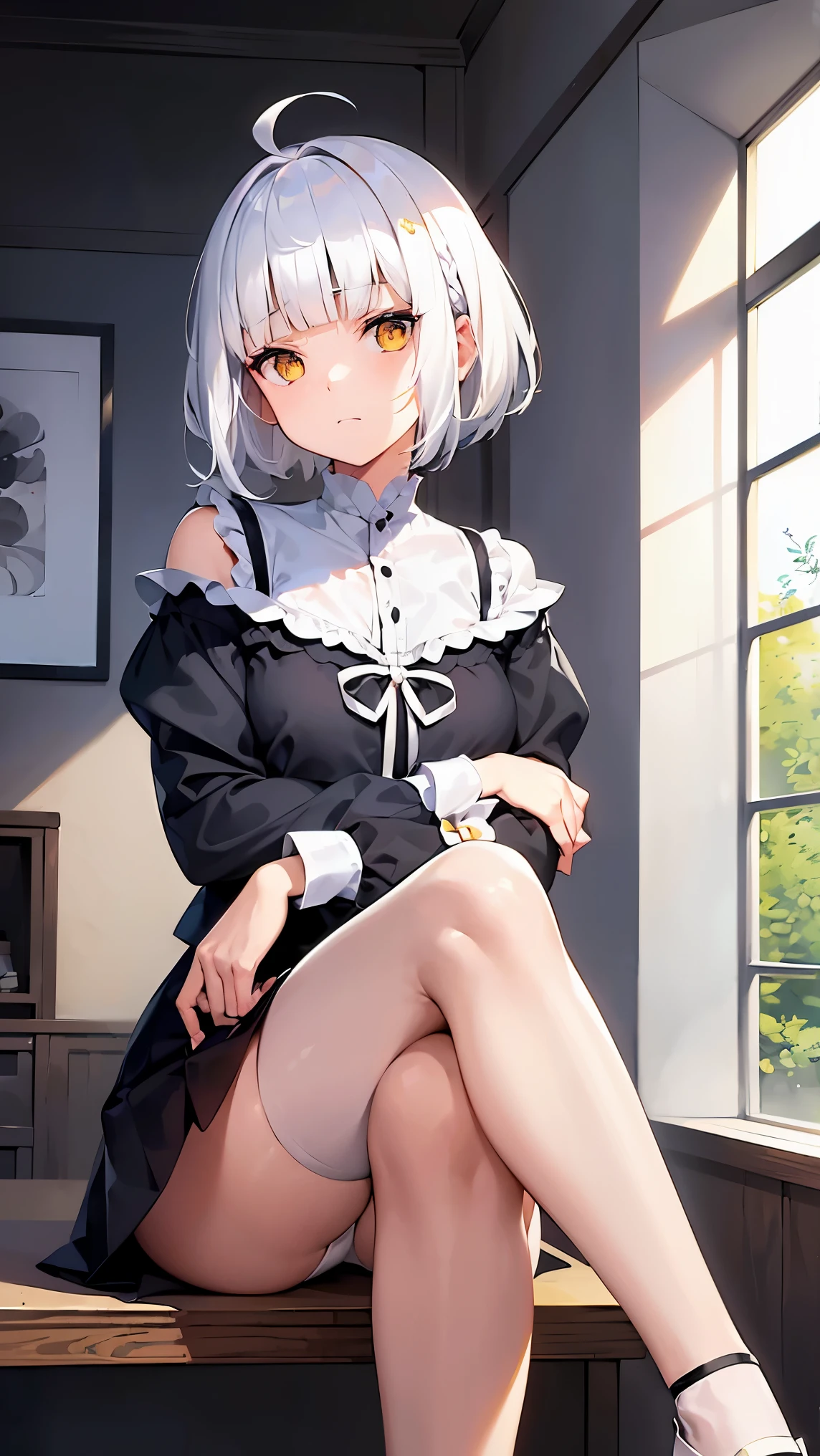 Anime girl sitting on a bench in a room with a window - SeaArt AI