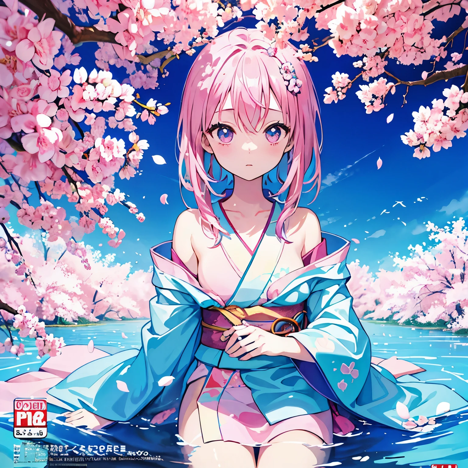 highest quality, masterpiece, 1 girl, solo, vibrant、pink,skyblue,kimono、spring、Pause、naked、front、Colorful、dynamic、With background、element、have confidence、Be expressive、poster、cover、movie、pixiv Tachi- e(magazine:1.3)、(cover style:1.3)