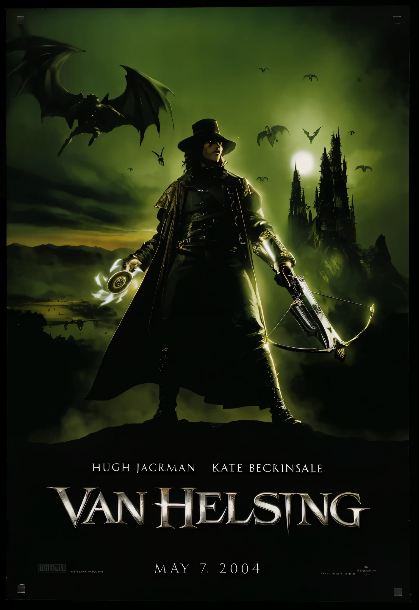 a close-up of a movie poster with a man in a hat and a sword, cartaz do filme de fantasia, vampire hunter d, high fantasy art film poster, [ teatral ], best selling movie poster, Video Cover, matte painting movie poster, As Solomon Kane, Filme de 1995, movie poster character, Drew Struzan Tomasz Alen Kopera