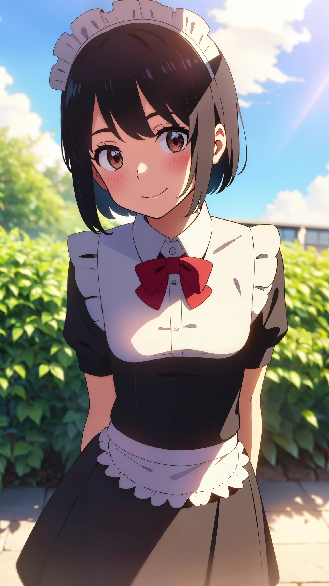 shinkai makoto, kimi no na wa., 1girl, bangs, black hair, short hair, blush, brown eyes, looking at the viewer, ((girl wear maid dress, short dress, short skirt, maid headdress)), Off-the-shoulders, red bow, red ribbon, smile, cute, happy, fun, joyful, school, outdoors, sky, cloud, sunlight, upper body