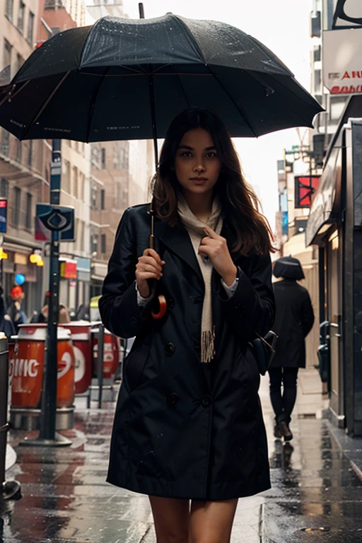 illustrate a realistic prompt of a girl holding umbrella and standing in new york city