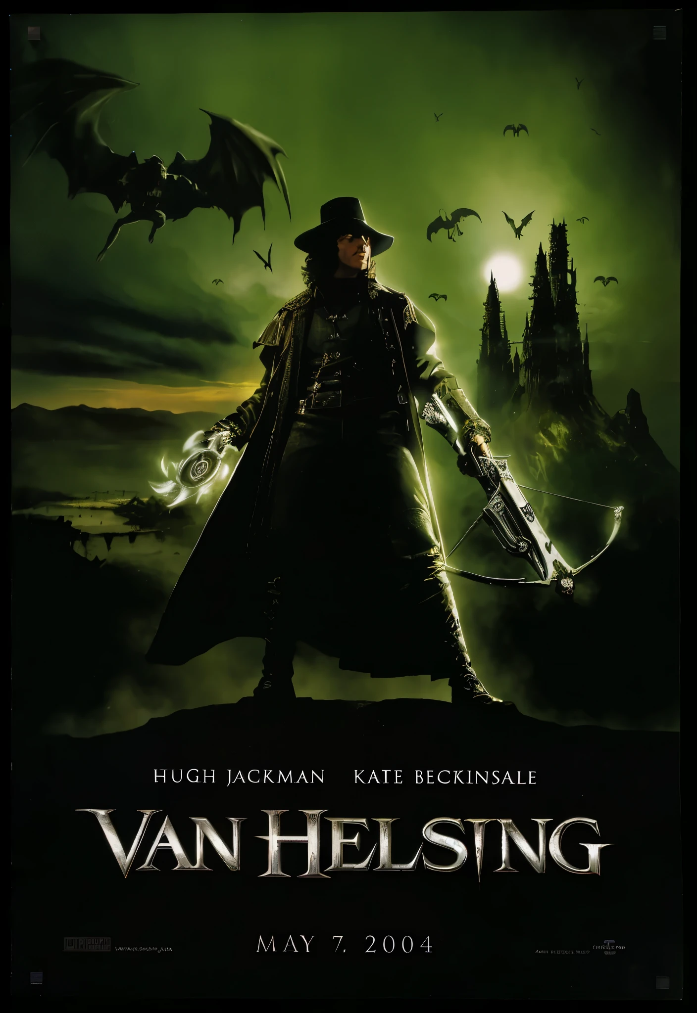 a close-up of a movie poster with a man in a hat and a sword, cartaz do filme de fantasia, vampire hunter d, high fantasy art film poster, [ teatral ], best selling movie poster, Video Cover, matte painting movie poster, As Solomon Kane, Filme de 1995, movie poster character, Drew Struzan Tomasz Alen Kopera
