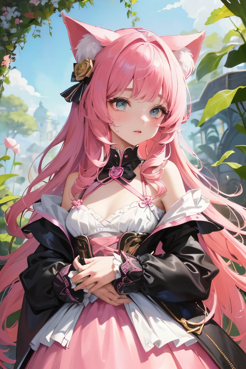 In the heart of a whimsical world, a charming young girl graces the scene, her cute face adorned with alluring pink cat ears. Dressed in small, playful clothes that hug her figure tightly, she exhibits a captivating aura. However, it is her unusual feature that sets her apart: an extraordinary chest, large and bug-like in its distinctive shape.
This beautiful and enchanting character shines in the maximum definition, her countless layers revealing a textured complexity, each detail meticulously illustrated with masterful precision. Her appearance is encircled by an ultra-detailed background, filled with vibrant pink lotus blossoms that sway gently in the summer breeze